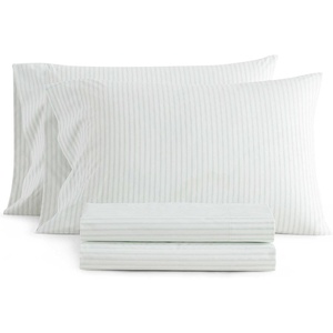 Martha Stewart – Full Sheet Set with Fitted Sheet & Pillowcases, Cotton Percale Bedding with a Smooth Feel, Deep Pocket, Gingham Brown(Ticking Stripe Green)