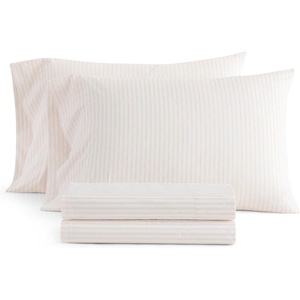 Martha Stewart – Full Sheet Set with Fitted Sheet & Pillowcases, Cotton Percale Bedding with a Smooth Feel, Deep Pocket, Gingham Brown(Ticking Stripe Pink)