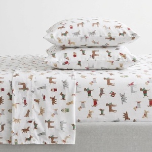 Martha Stewart – Full Sheet Set with Fitted Sheet & Pillowcases, Soft Cotton Flannel Bedding, Deep Pocket, Ticking Stripe Blue(Holiday Pups Brown)