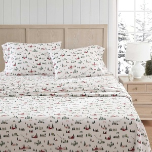 Martha Stewart – Full Sheet Set with Fitted Sheet & Pillowcases, Soft Cotton Flannel Bedding, Deep Pocket, Ticking Stripe Blue(Ski Village Green)