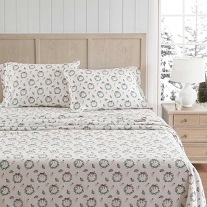 Martha Stewart – Full Sheet Set with Fitted Sheet & Pillowcases, Soft Cotton Flannel Bedding, Deep Pocket, Ticking Stripe Blue(Wreaths & Mistletoe Green)