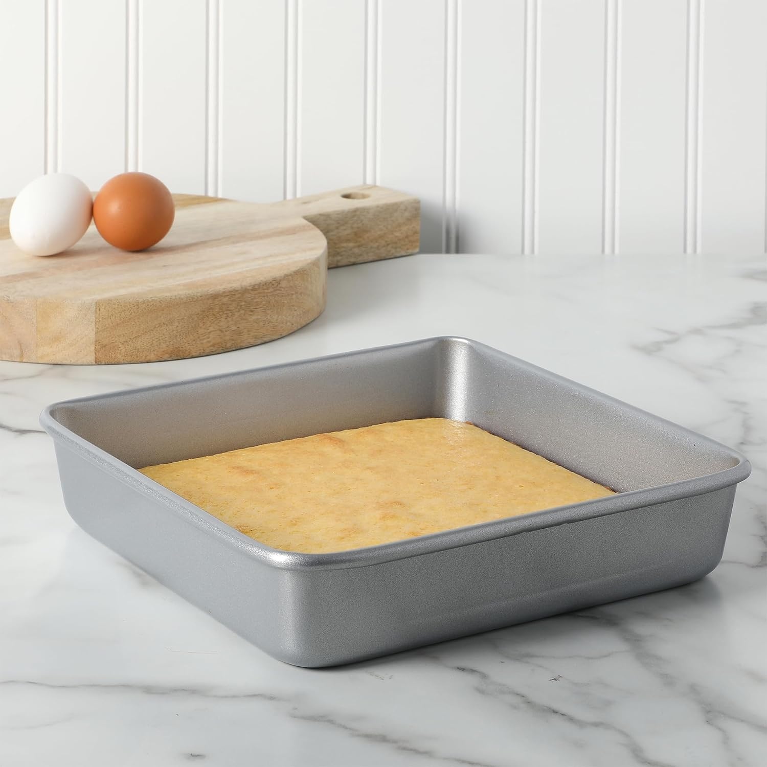 image:imageMartha Stewart Gallen 9 Inch Square Nonstick Carbon Steel Cake Pan Champagne Durable Bakeware for Even Baking and Easy ReleaseSilver