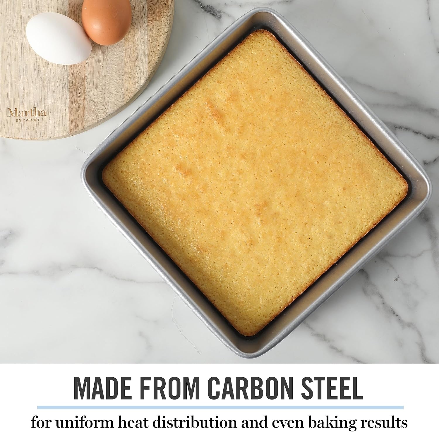 image:imageMartha Stewart Gallen 9 Inch Square Nonstick Carbon Steel Cake Pan Champagne Durable Bakeware for Even Baking and Easy ReleaseSilver