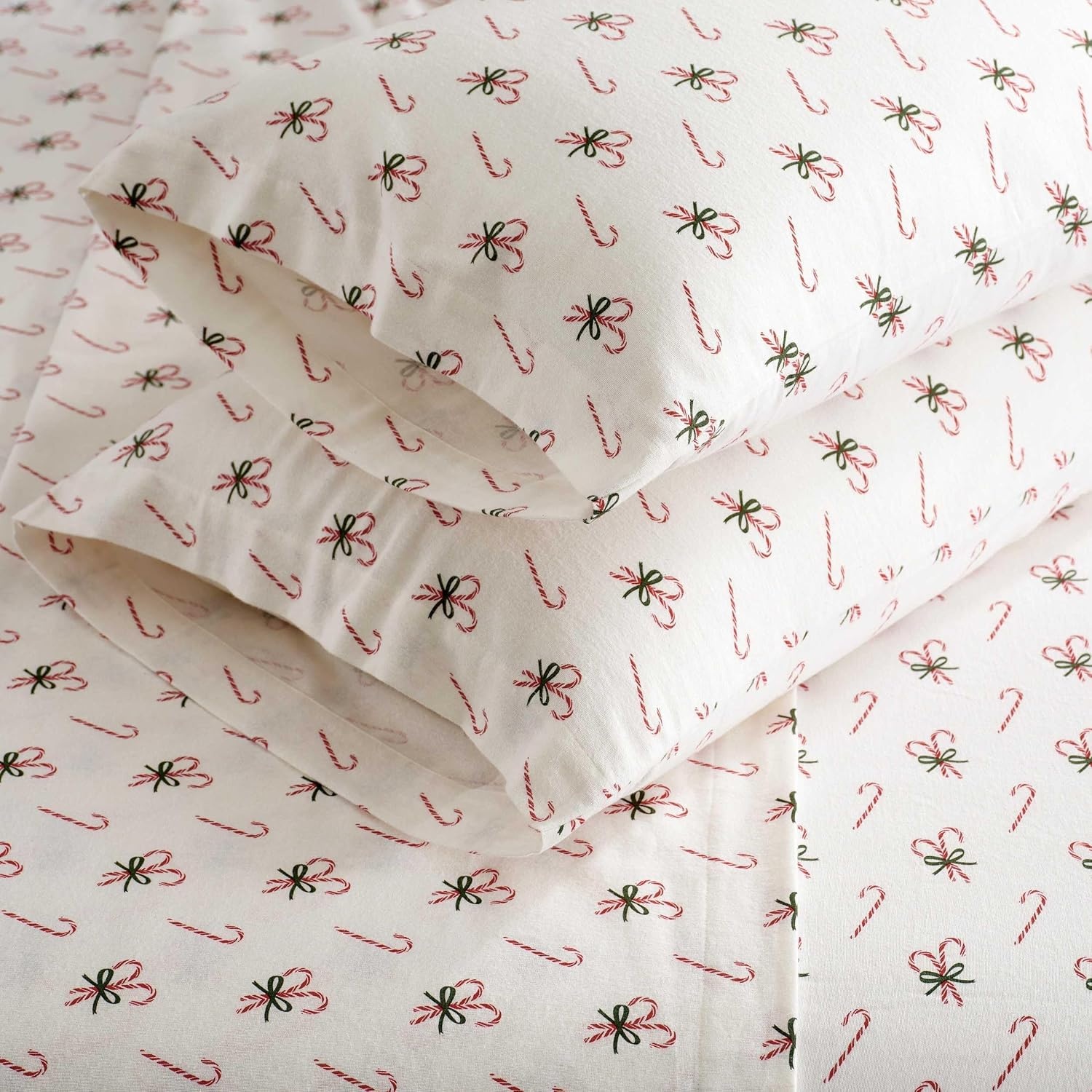 image:imageMartha Stewart Holiday Twin Cotton Flannel Sheet Set with PillowcaseCandy Cane Red