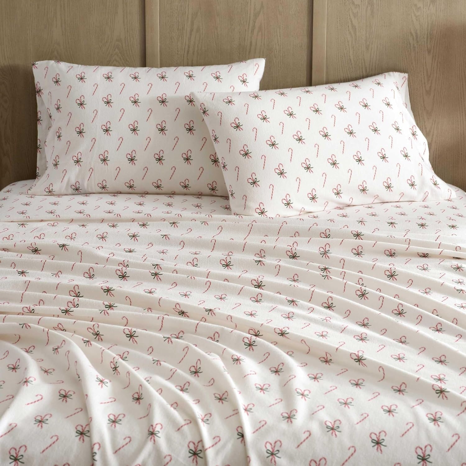 image:imageMartha Stewart Holiday Twin Cotton Flannel Sheet Set with PillowcaseCandy Cane Red