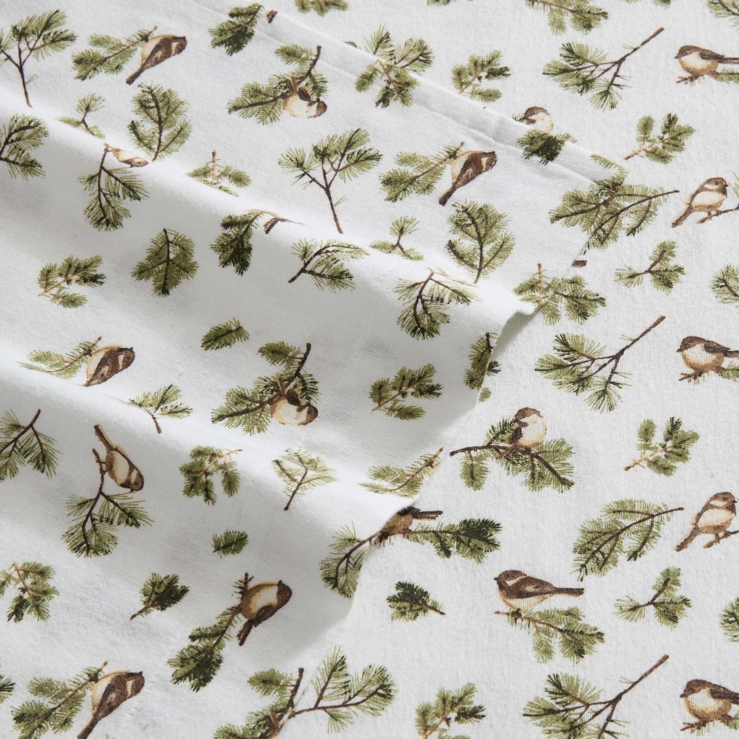 image:imageMartha Stewart Holiday Twin Cotton Flannel Sheet Set with PillowcaseChickadee Pines Green