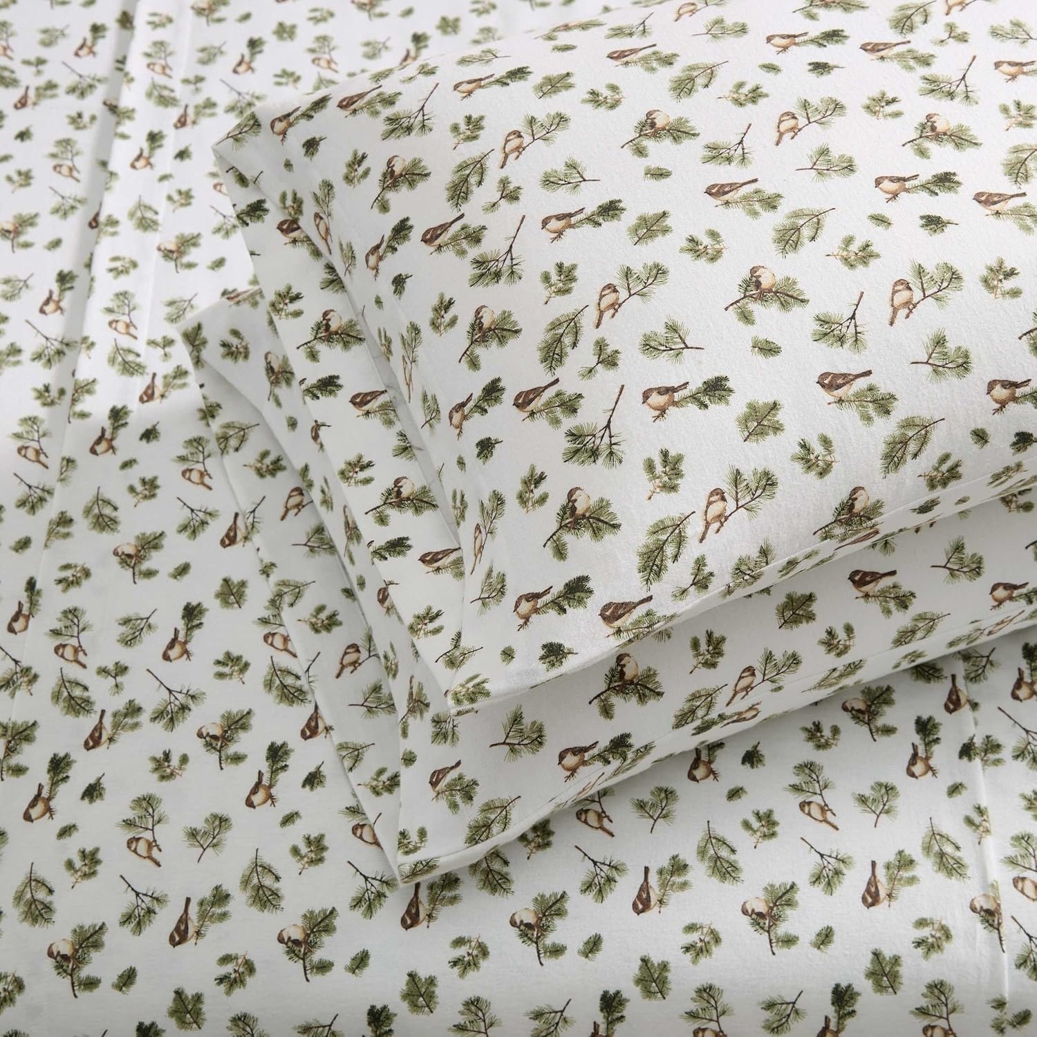 image:imageMartha Stewart Holiday Twin Cotton Flannel Sheet Set with PillowcaseChickadee Pines Green