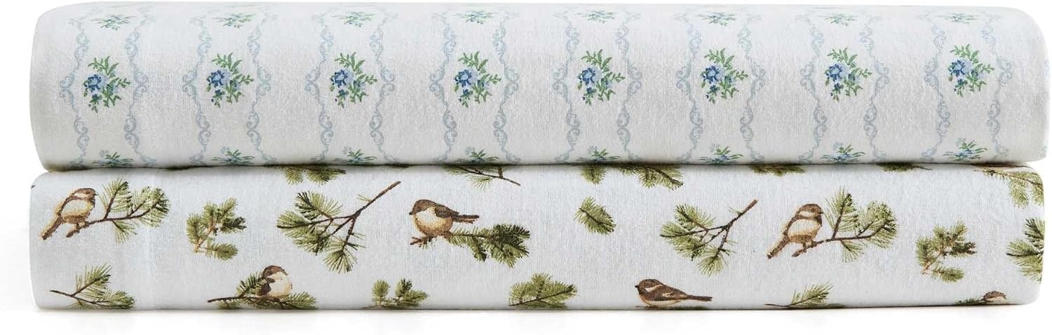 image:imageMartha Stewart Holiday Twin Cotton Flannel Sheet Set with PillowcaseChickadee Pines Green