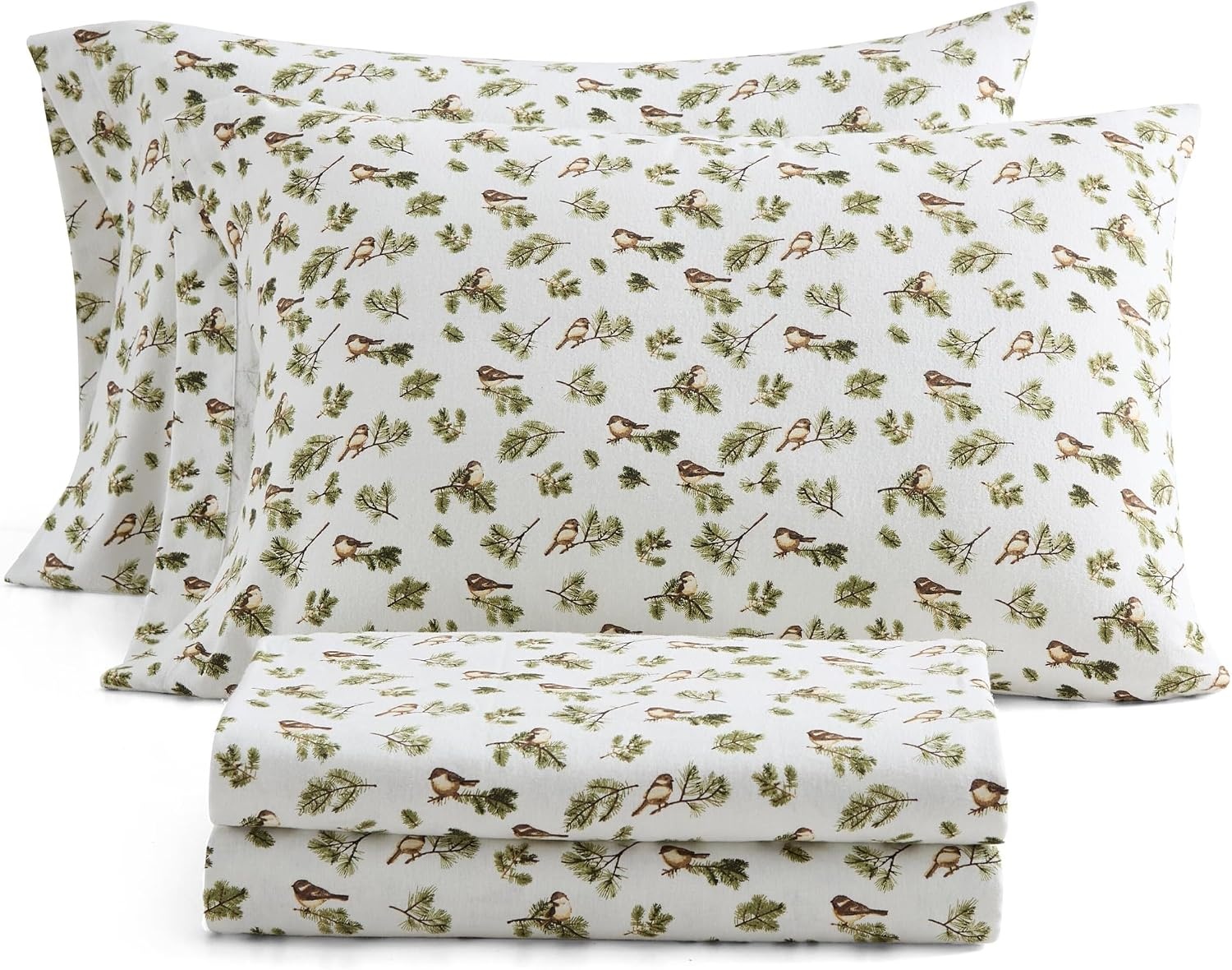 image:imageMartha Stewart Holiday Twin Cotton Flannel Sheet Set with PillowcaseChickadee Pines Green