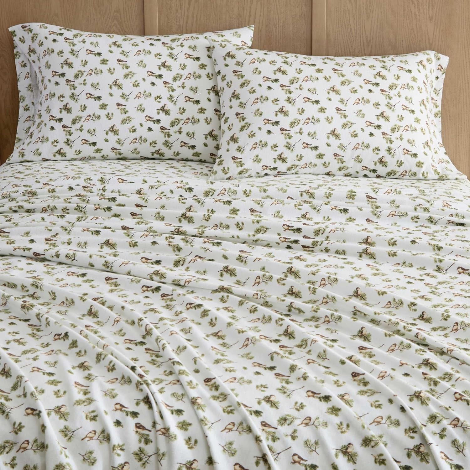 image:imageMartha Stewart Holiday Twin Cotton Flannel Sheet Set with PillowcaseChickadee Pines Green