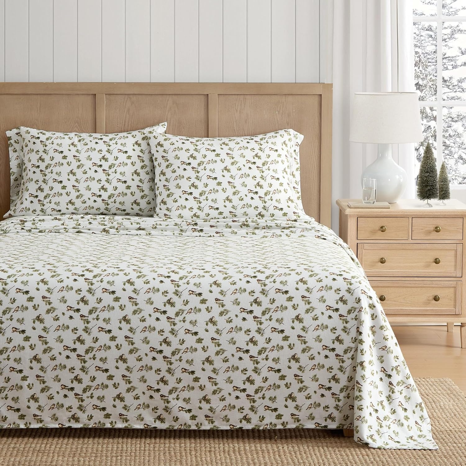 image:imageMartha Stewart Holiday Twin Cotton Flannel Sheet Set with PillowcaseChickadee Pines Green