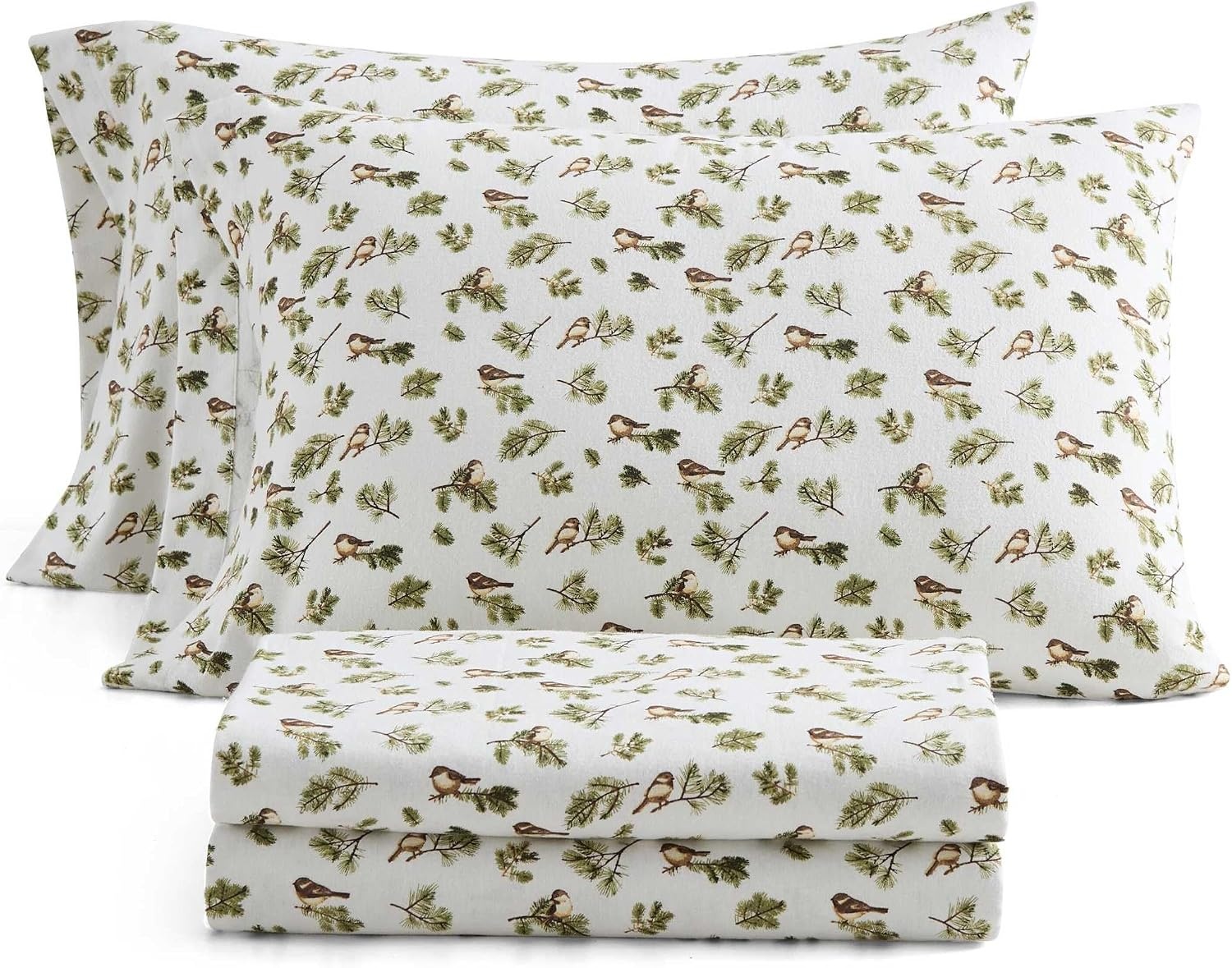 image:imageMartha Stewart Holiday Twin Cotton Flannel Sheet Set with PillowcaseChickadee Pines Green