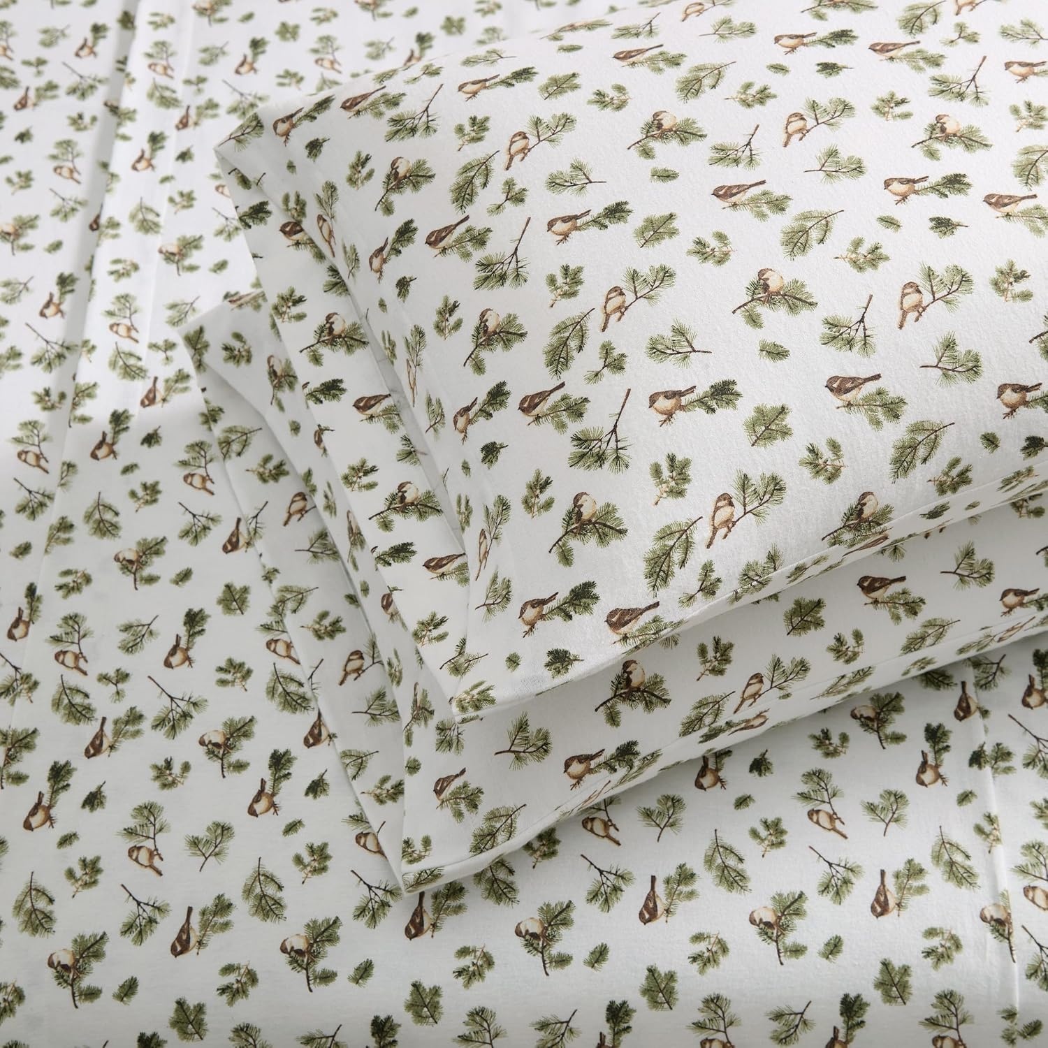 image:imageMartha Stewart Holiday Twin Cotton Flannel Sheet Set with PillowcaseChickadee Pines Green