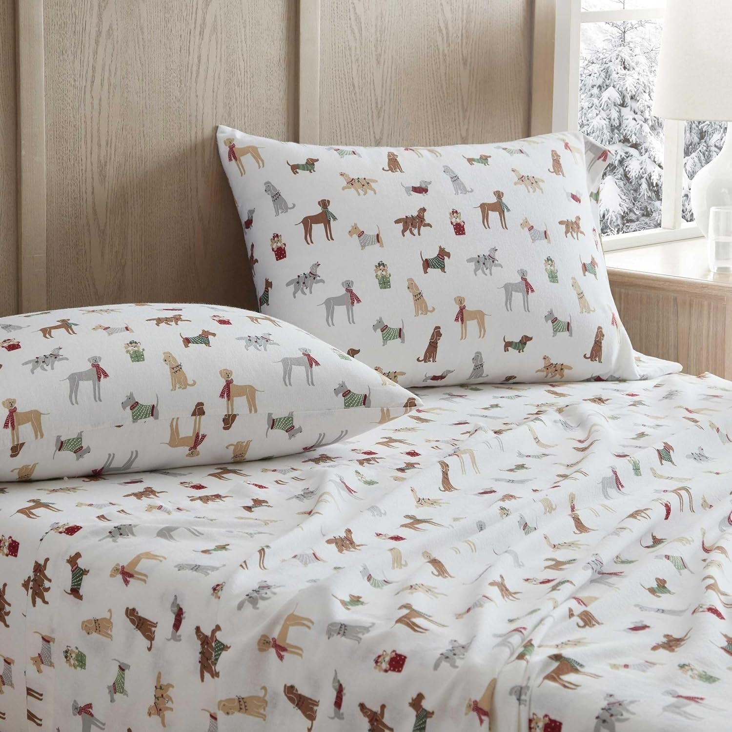 image:imageMartha Stewart Holiday Twin Cotton Flannel Sheet Set with PillowcaseHoliday Pups Brown