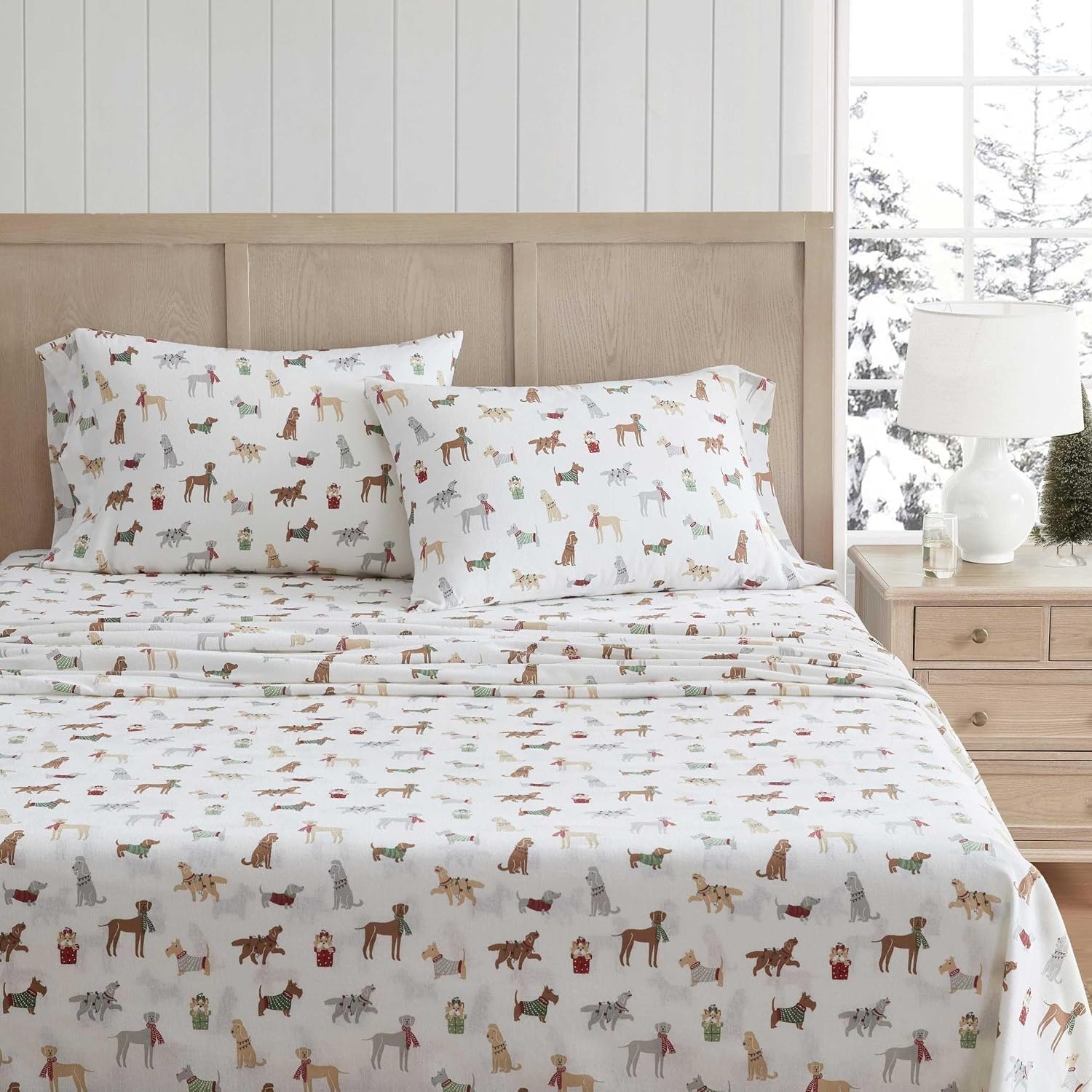 image:imageMartha Stewart Holiday Twin Cotton Flannel Sheet Set with PillowcaseHoliday Pups Brown