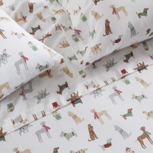 image:imageMartha Stewart Holiday Twin Cotton Flannel Sheet Set with PillowcaseHoliday Pups Brown