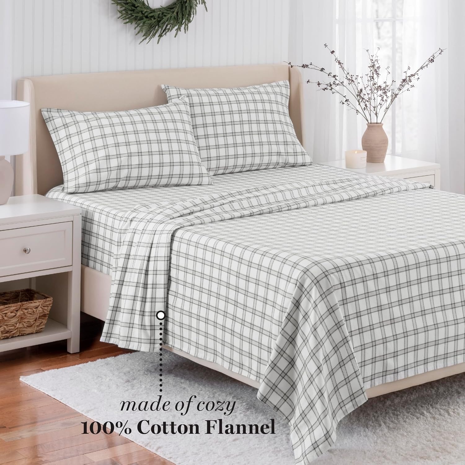 image:imageMartha Stewart Holiday Twin Cotton Flannel Sheet Set with PillowcaseHoliday Windowpane Plaid WhiteGrey