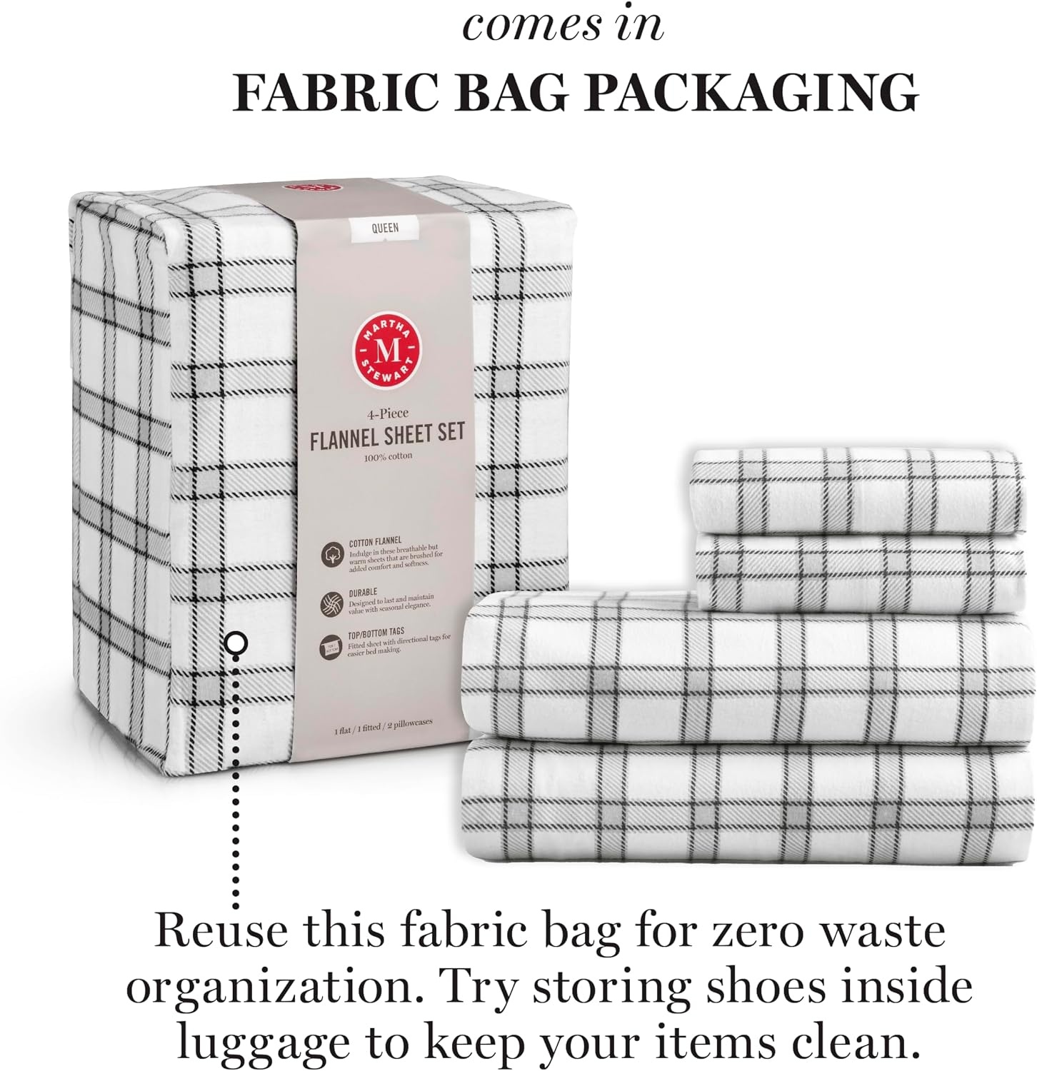 image:imageMartha Stewart Holiday Twin Cotton Flannel Sheet Set with PillowcaseHoliday Windowpane Plaid WhiteGrey