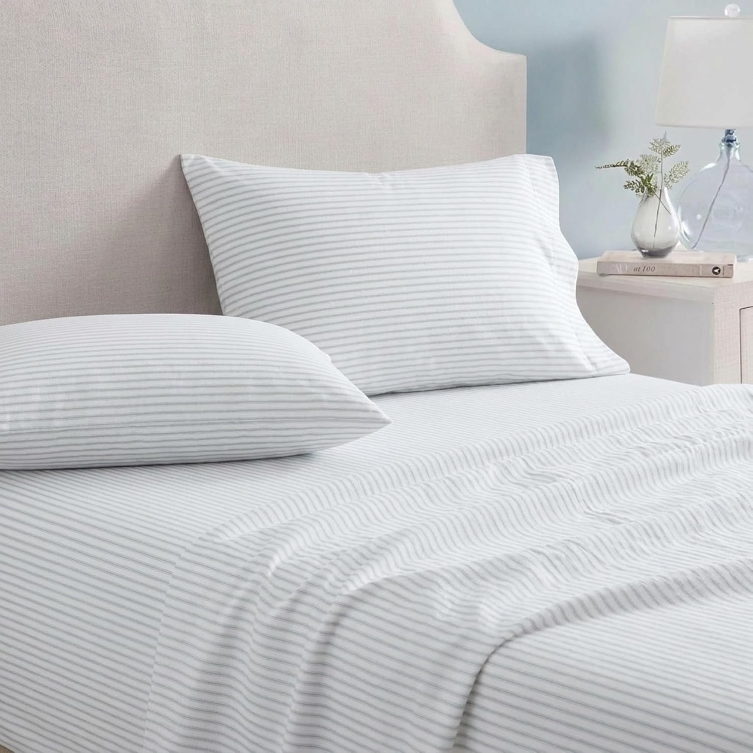 image:imageMartha Stewart Holiday Twin Cotton Flannel Sheet Set with PillowcaseTicking Stripe Blue