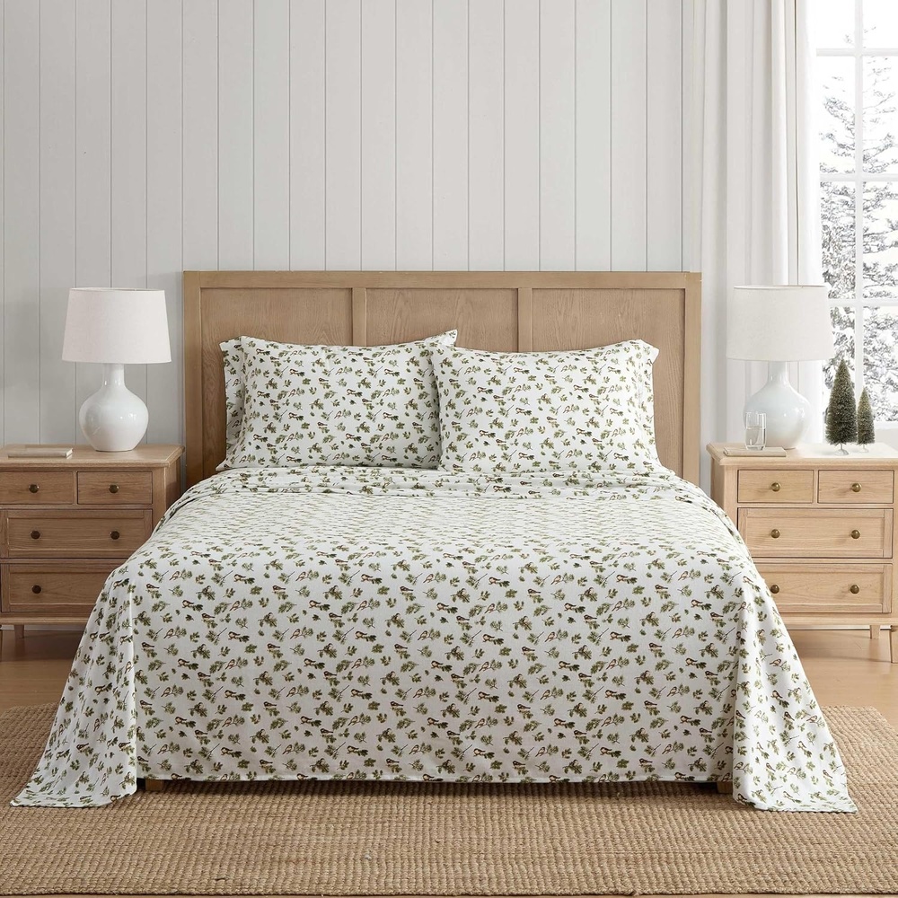 image:imageMartha Stewart Holiday Twin Cotton Flannel Sheet Set with PillowcaseChickadee Pines Green