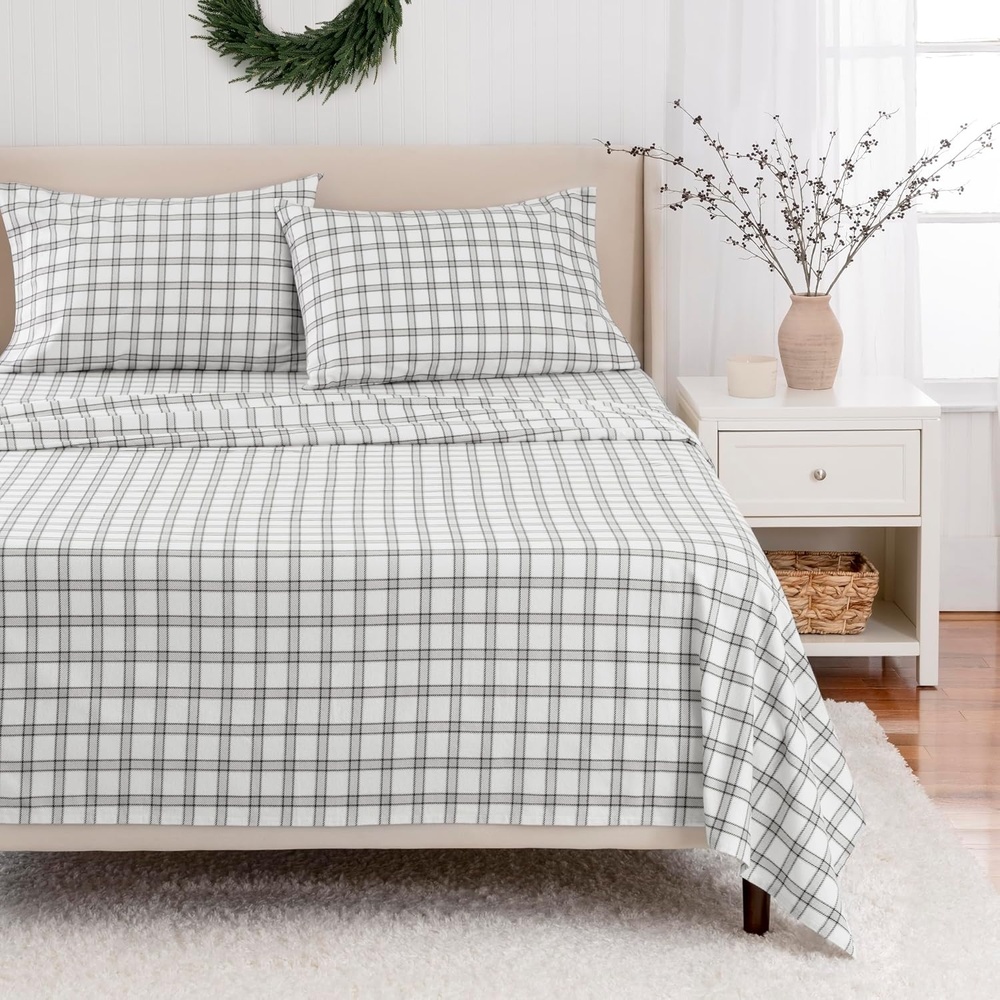 image:imageMartha Stewart Holiday Twin Cotton Flannel Sheet Set with PillowcaseHoliday Windowpane Plaid WhiteGrey
