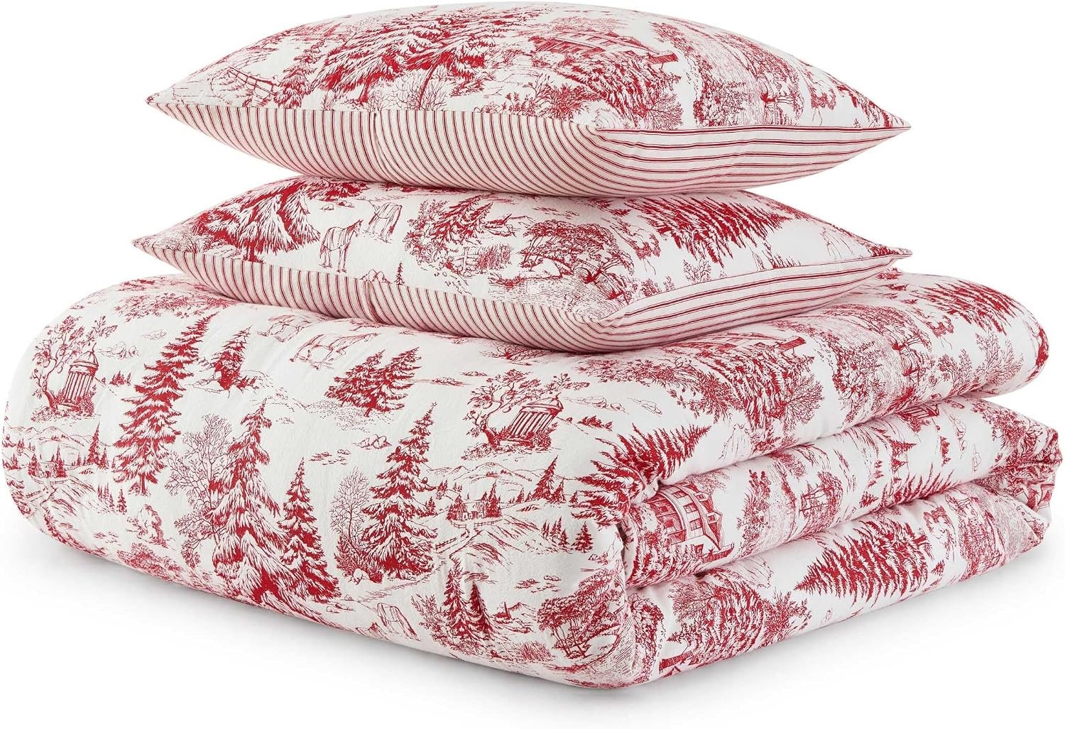 image:imageMartha Stewart Queen Comforter Set with Shams Cotton Flannel ReversibleWinter Toile Red