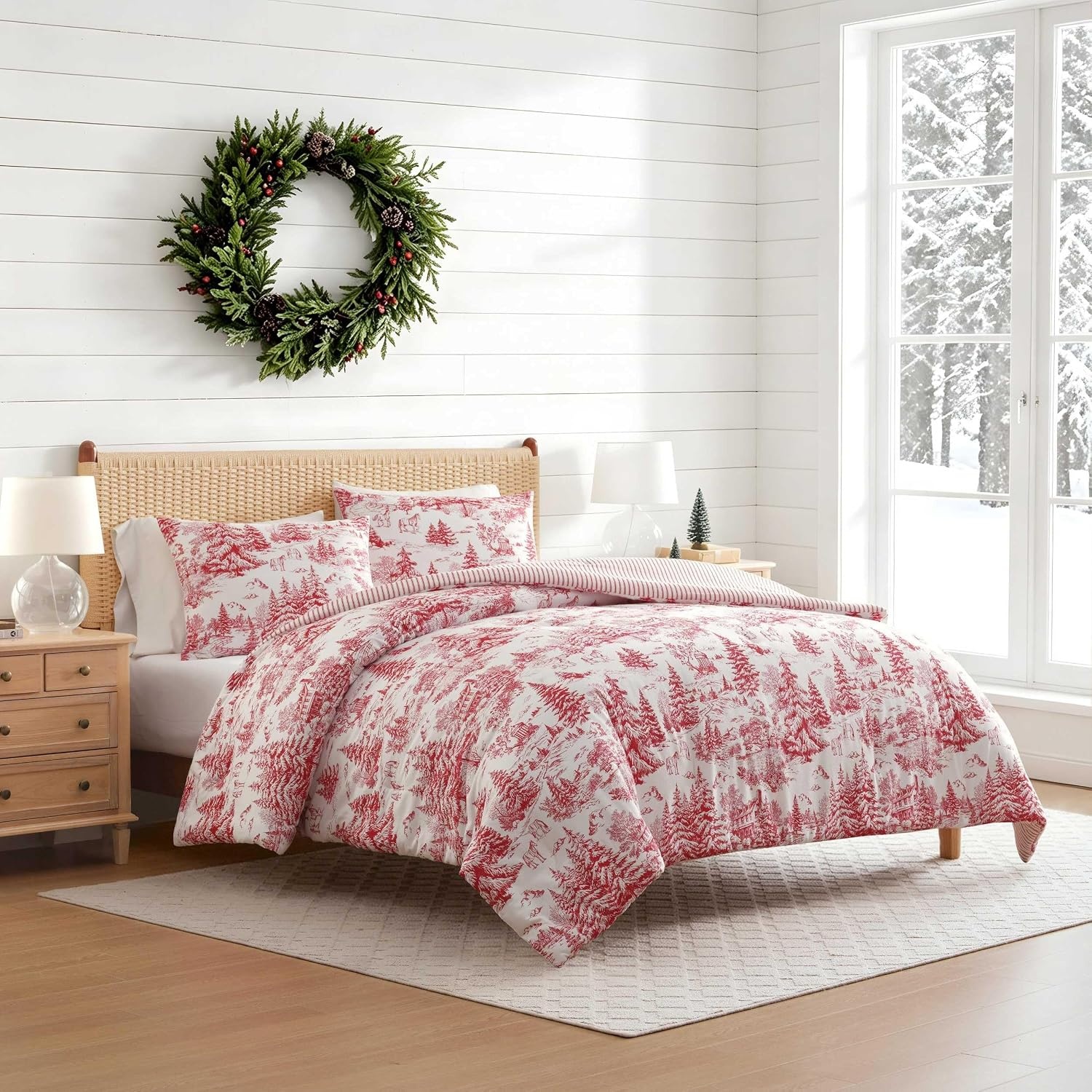 image:imageMartha Stewart Queen Comforter Set with Shams Cotton Flannel ReversibleWinter Toile Red