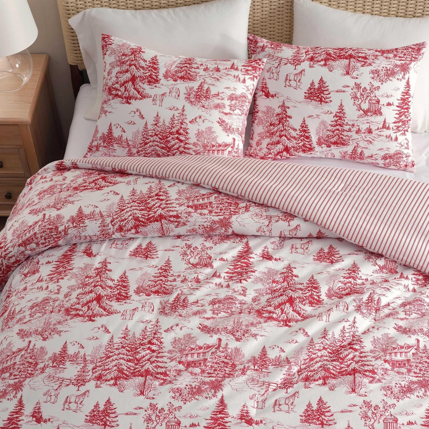 image:imageMartha Stewart Queen Comforter Set with Shams Cotton Flannel ReversibleWinter Toile Red