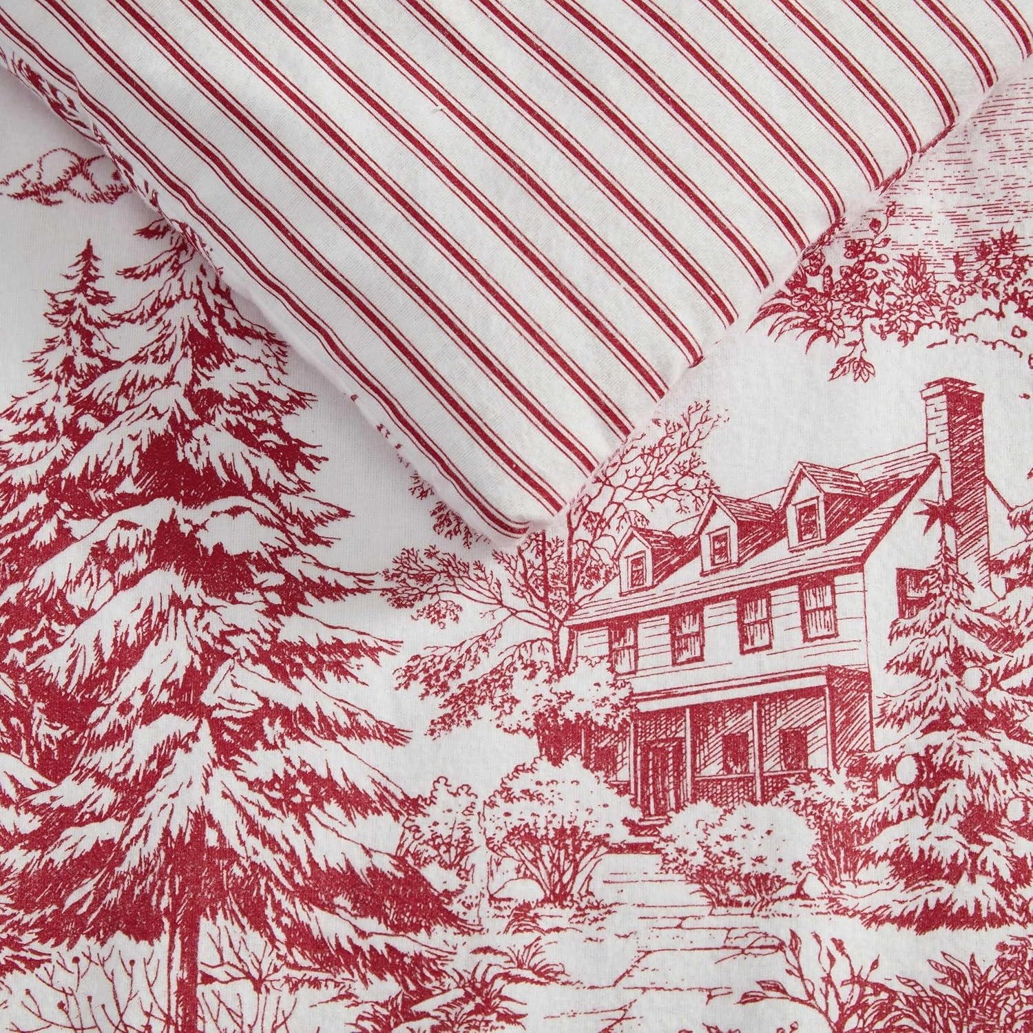 image:imageMartha Stewart Queen Comforter Set with Shams Cotton Flannel ReversibleWinter Toile Red