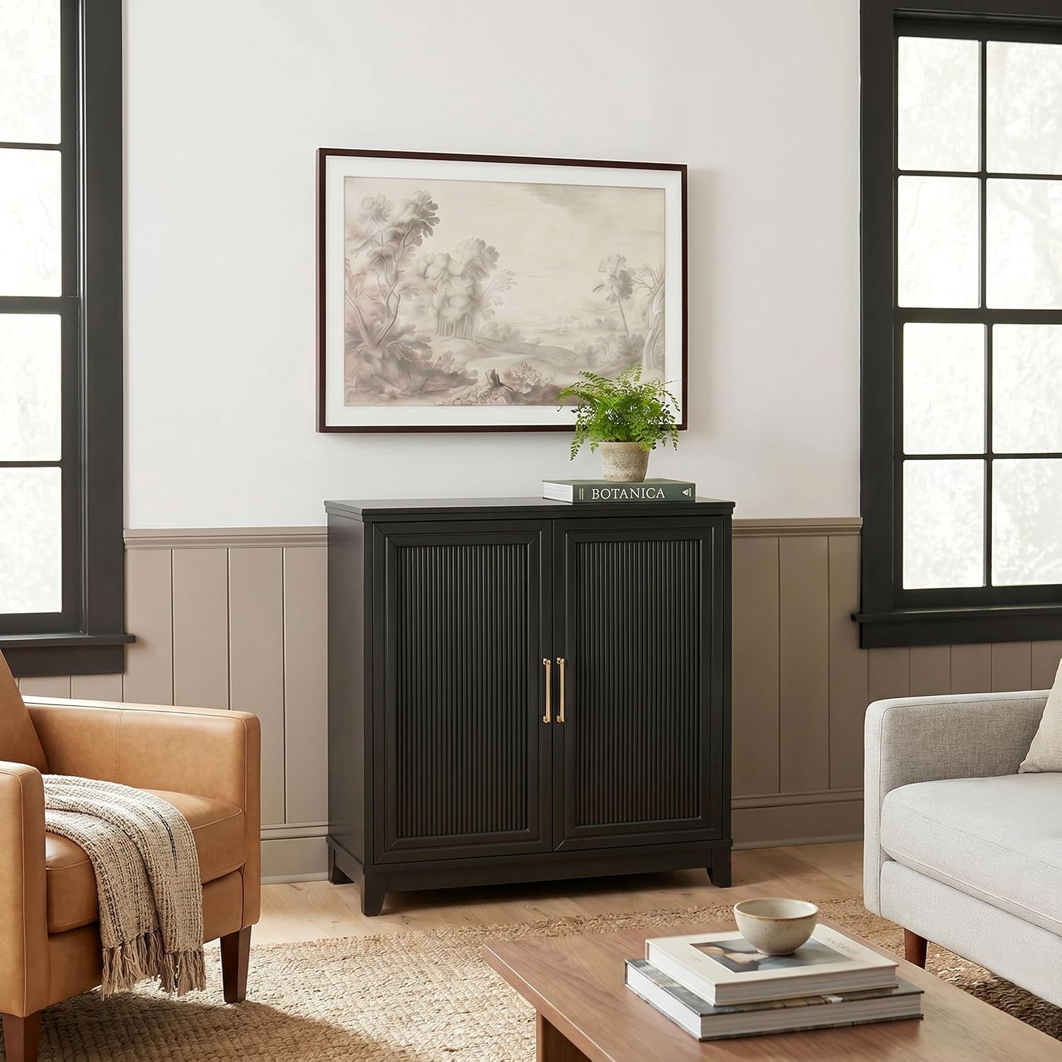 image:imageMartha Stewart Bedford Modular Fluted 3Drawer Base Cabinet BlackBlack FrameGold Hardware