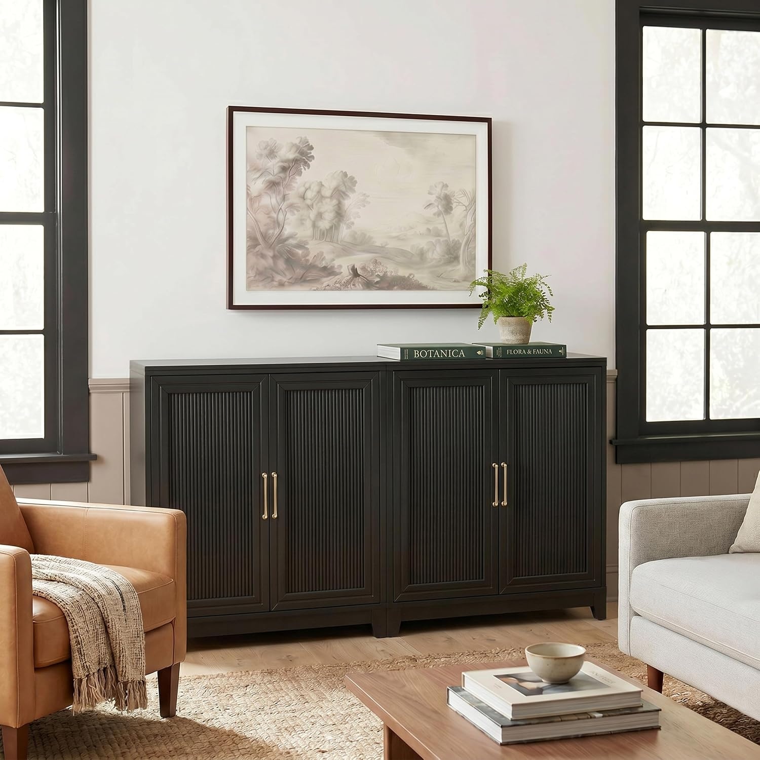 image:imageMartha Stewart Bedford Modular Fluted 3Drawer Base Cabinet BlackBlack FrameGold Hardware