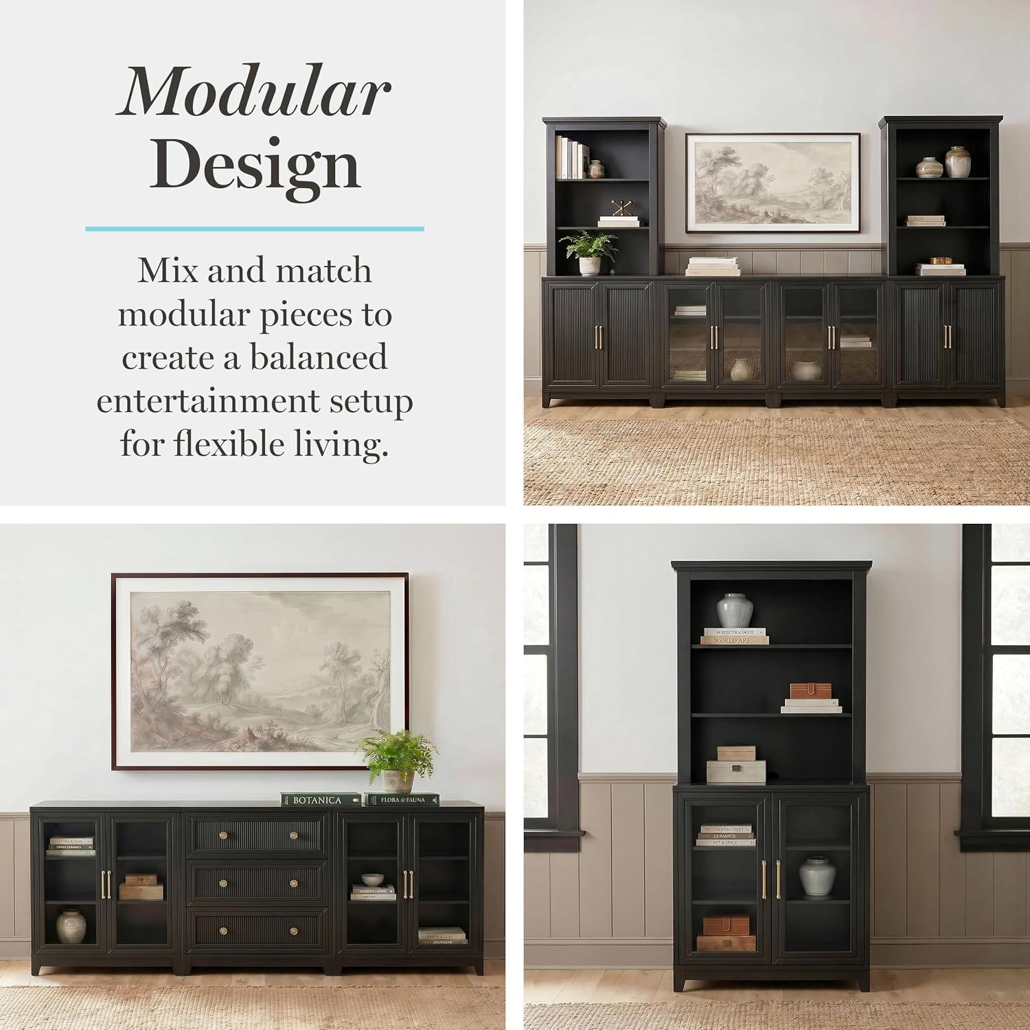 image:imageMartha Stewart Bedford Modular Fluted 3Drawer Base Cabinet BlackBlack FrameGold Hardware