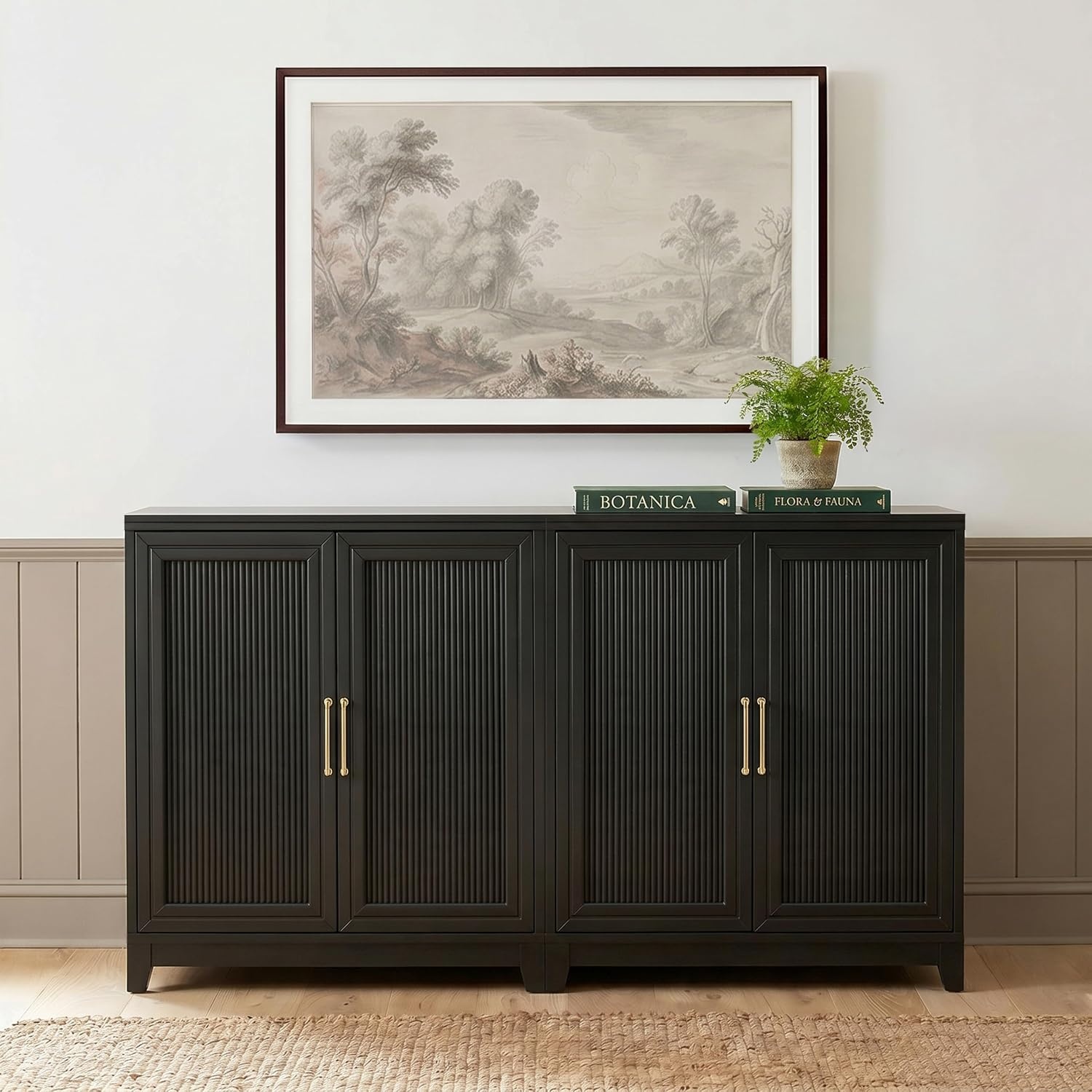 image:imageMartha Stewart Bedford Modular Fluted 3Drawer Base Cabinet BlackBlack FrameGold Hardware