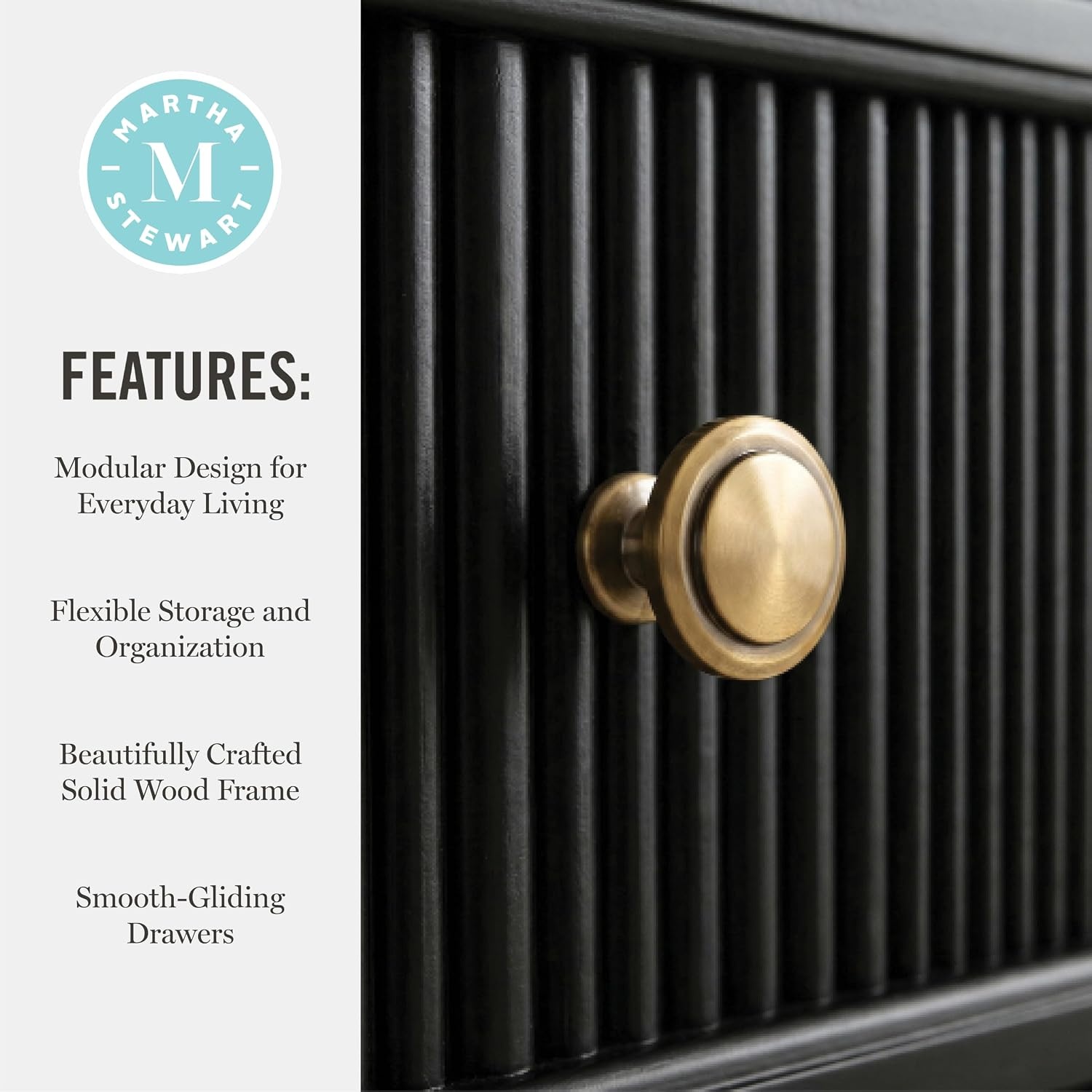 image:imageMartha Stewart Bedford Modular Fluted 3Drawer Base Cabinet BlackBlack FrameGold Hardware