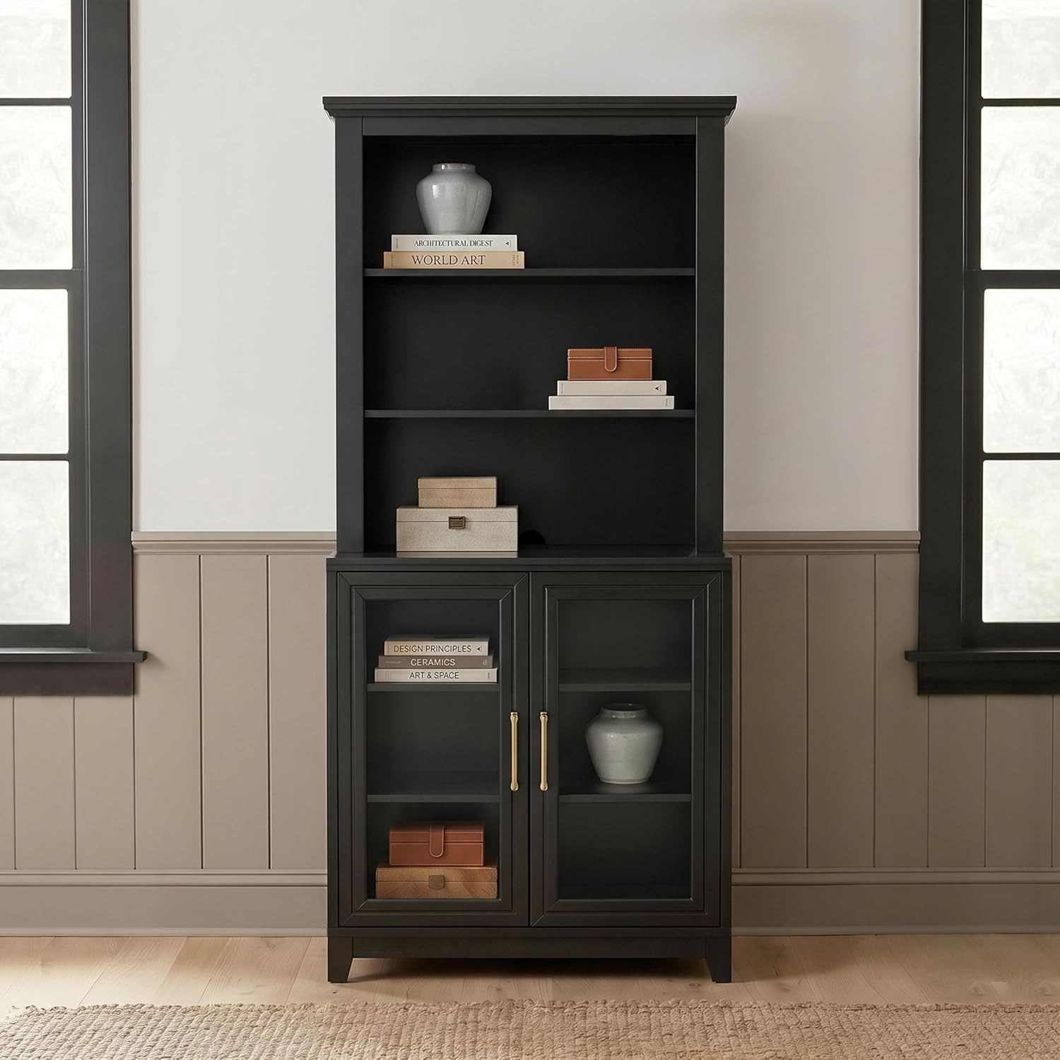 image:imageMartha Stewart Bedford Modular Fluted 3Drawer Base Cabinet BlackBlack FrameGold Hardware