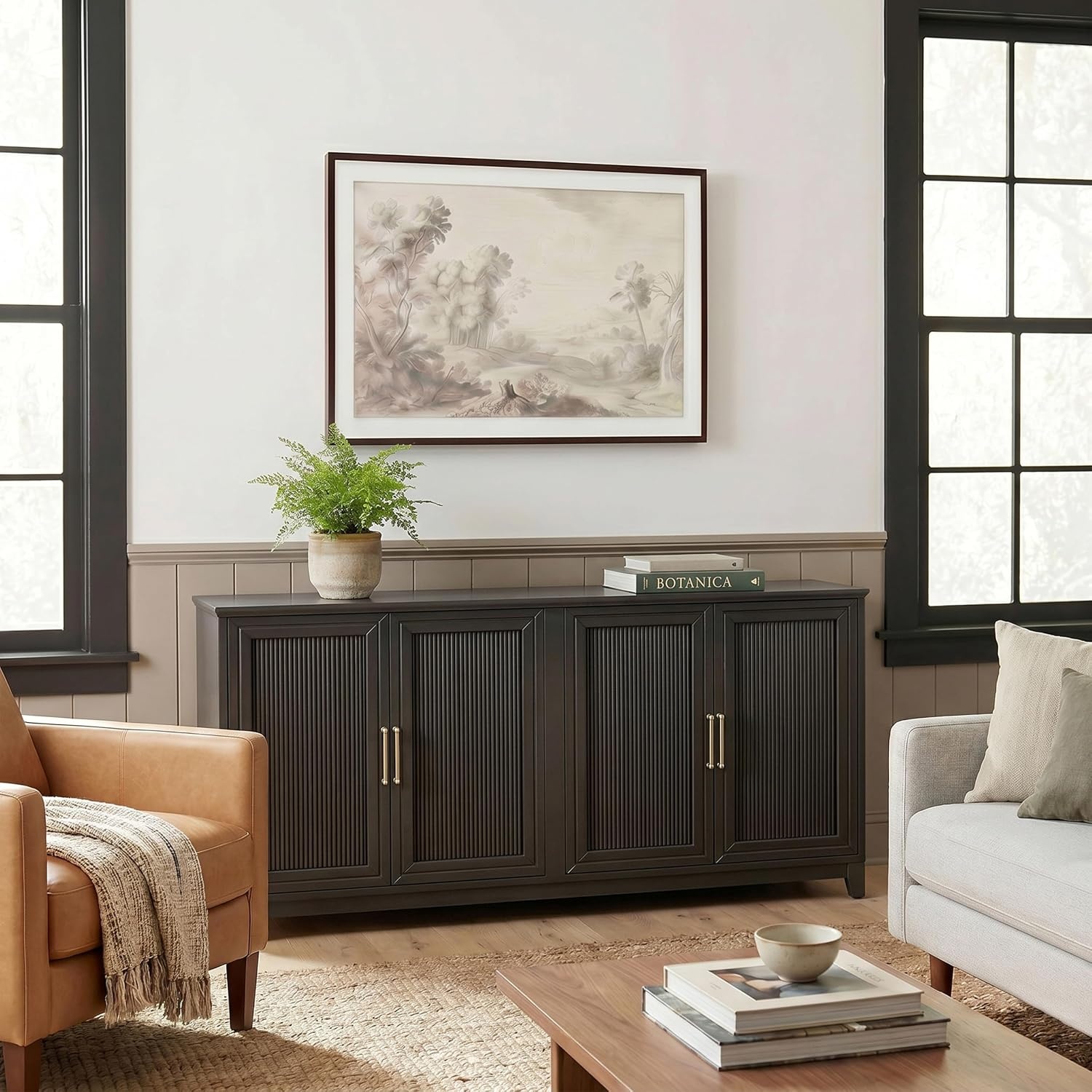 image:imageMartha Stewart Bedford Modular Fluted 3Drawer Base Cabinet BlackBlack FrameGold Hardware