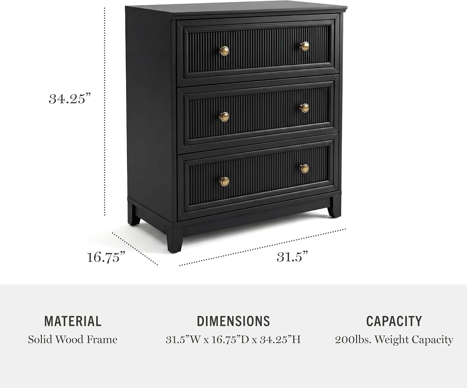 image:imageMartha Stewart Bedford Modular Fluted 3Drawer Base Cabinet BlackBlack FrameGold Hardware