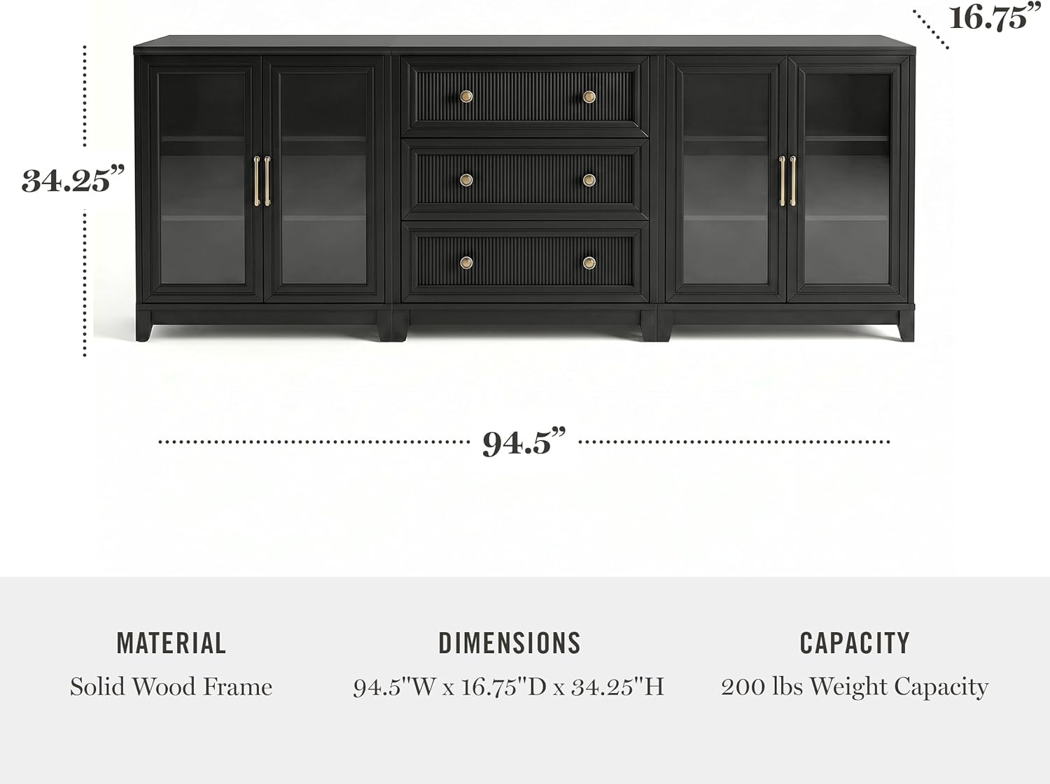 image:imageMartha Stewart Bedford Modular Fluted 3Drawer Base Cabinet BlackBlack FrameGold Hardware