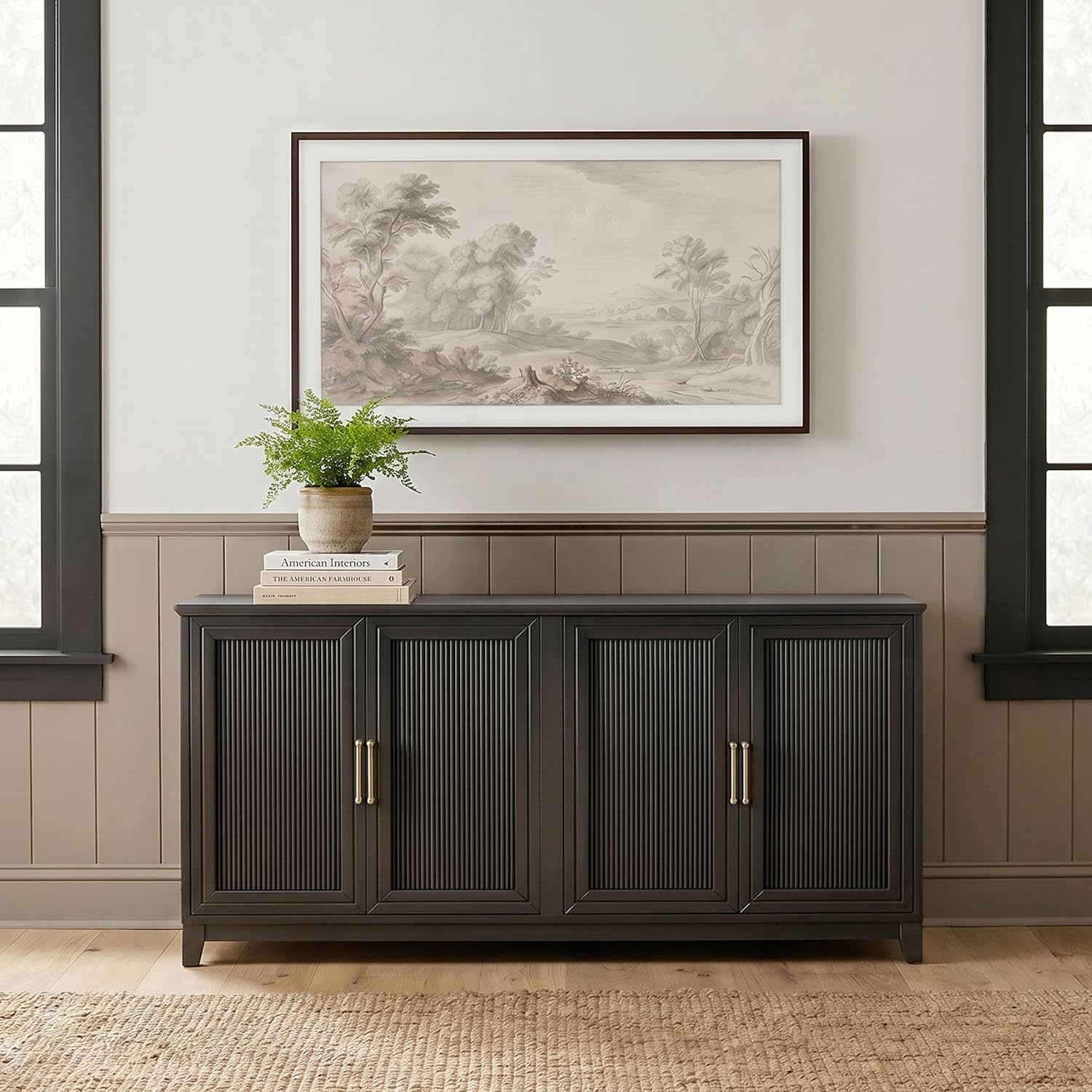 image:imageMartha Stewart Bedford Modular Fluted 3Drawer Base Cabinet BlackBlack FrameGold Hardware