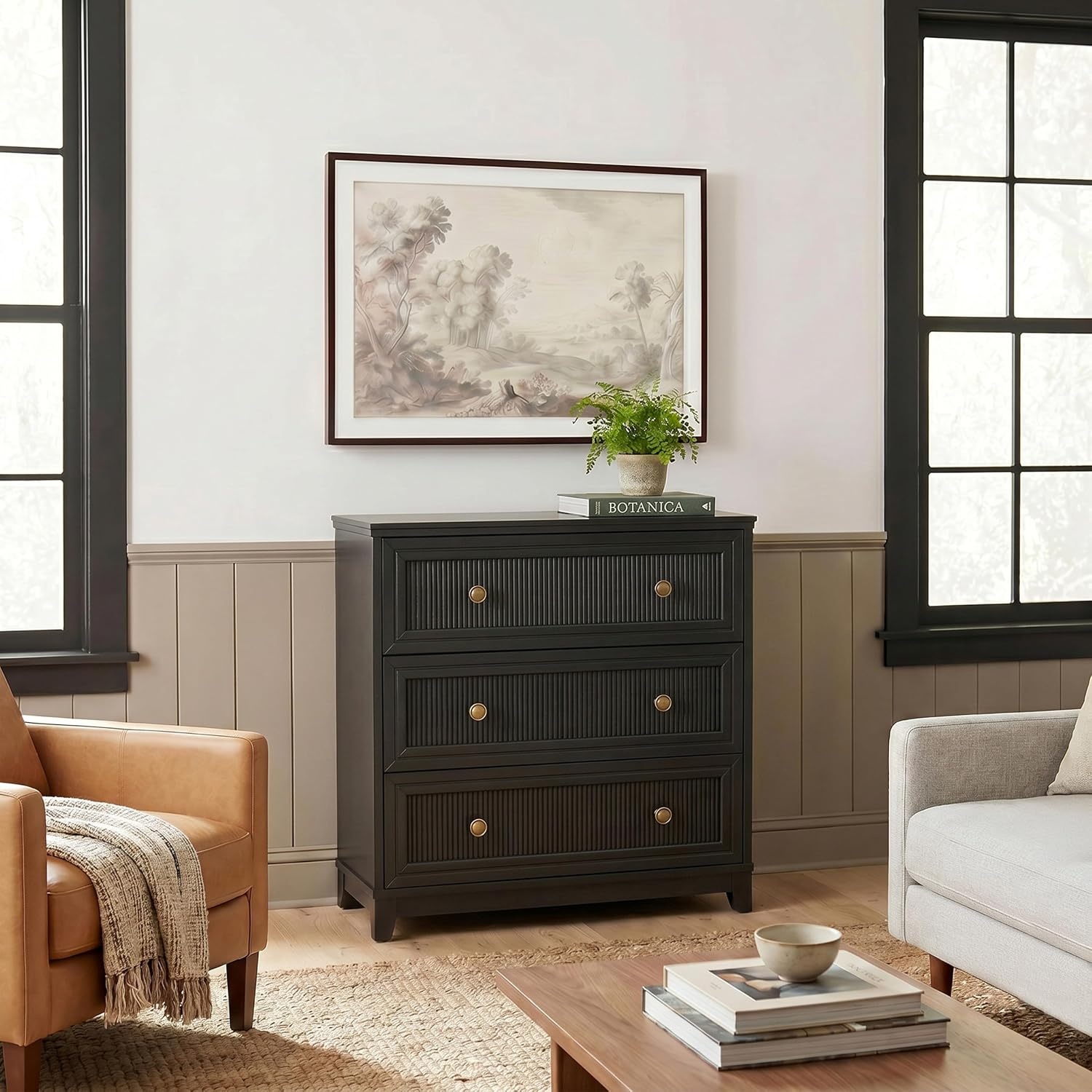 image:imageMartha Stewart Bedford Modular Fluted 3Drawer Base Cabinet BlackBlack FrameGold Hardware