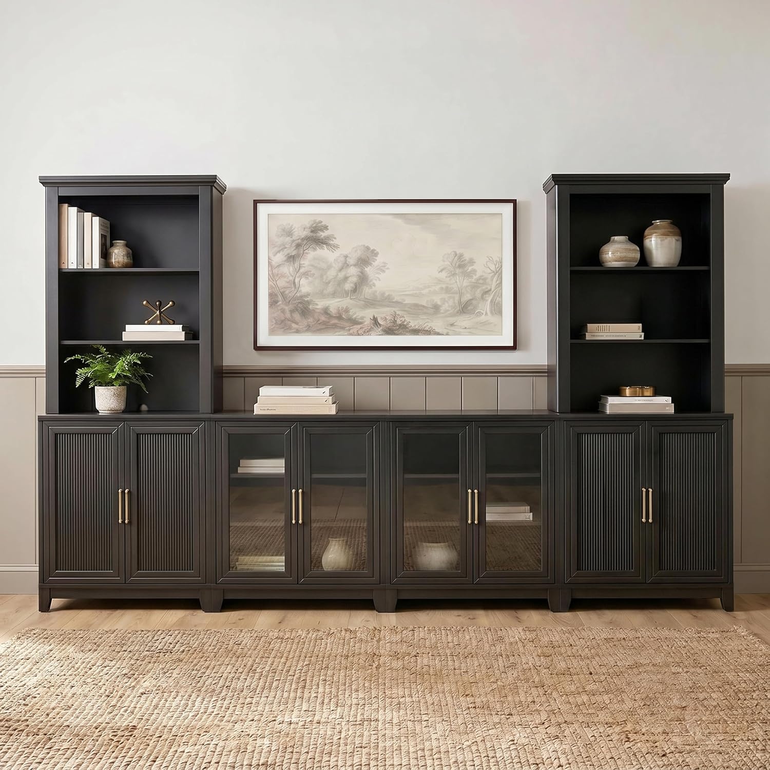 image:imageMartha Stewart Bedford Modular Fluted 3Drawer Base Cabinet BlackBlack FrameGold Hardware