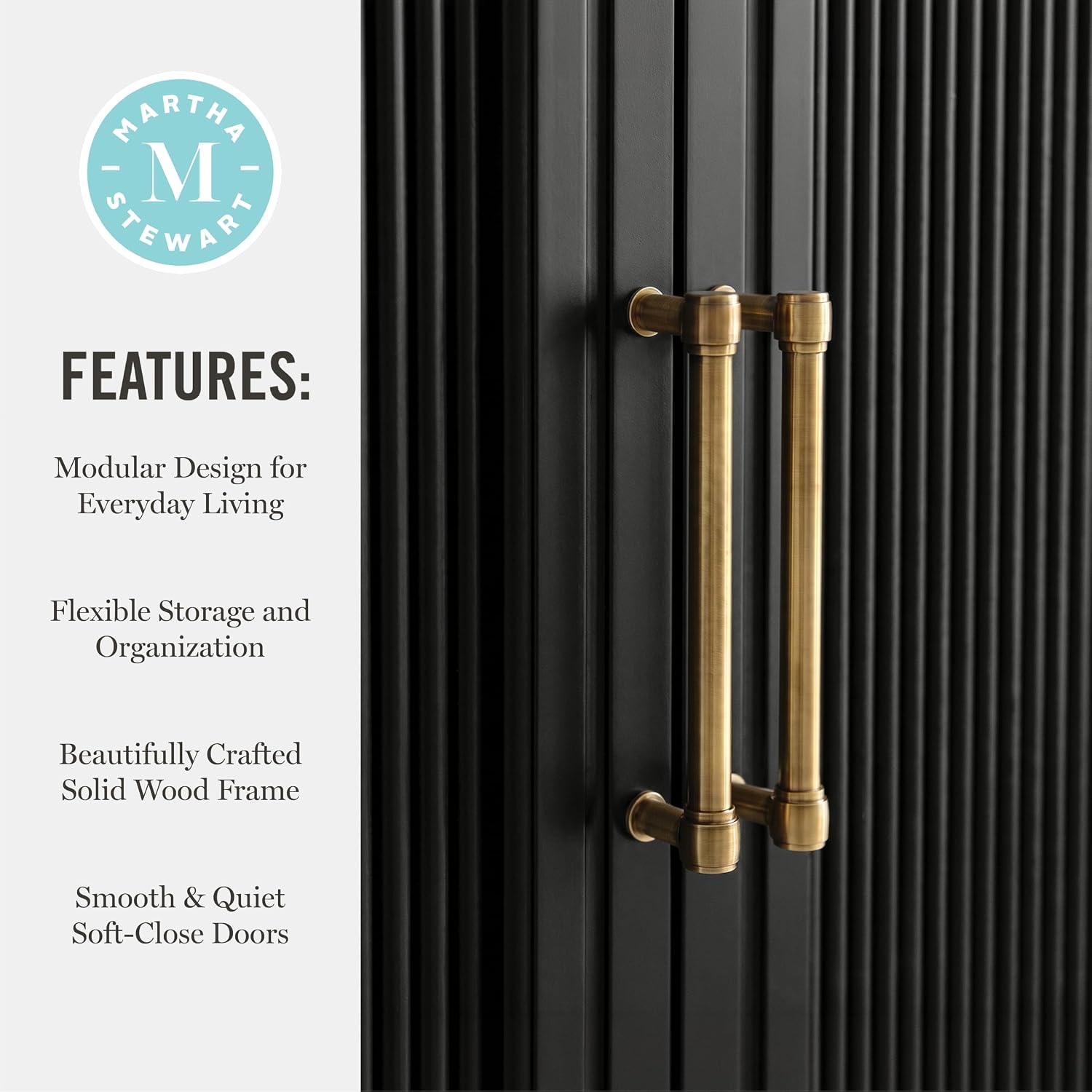 image:imageMartha Stewart Bedford Modular Fluted 3Drawer Base Cabinet BlackBlack FrameGold Hardware