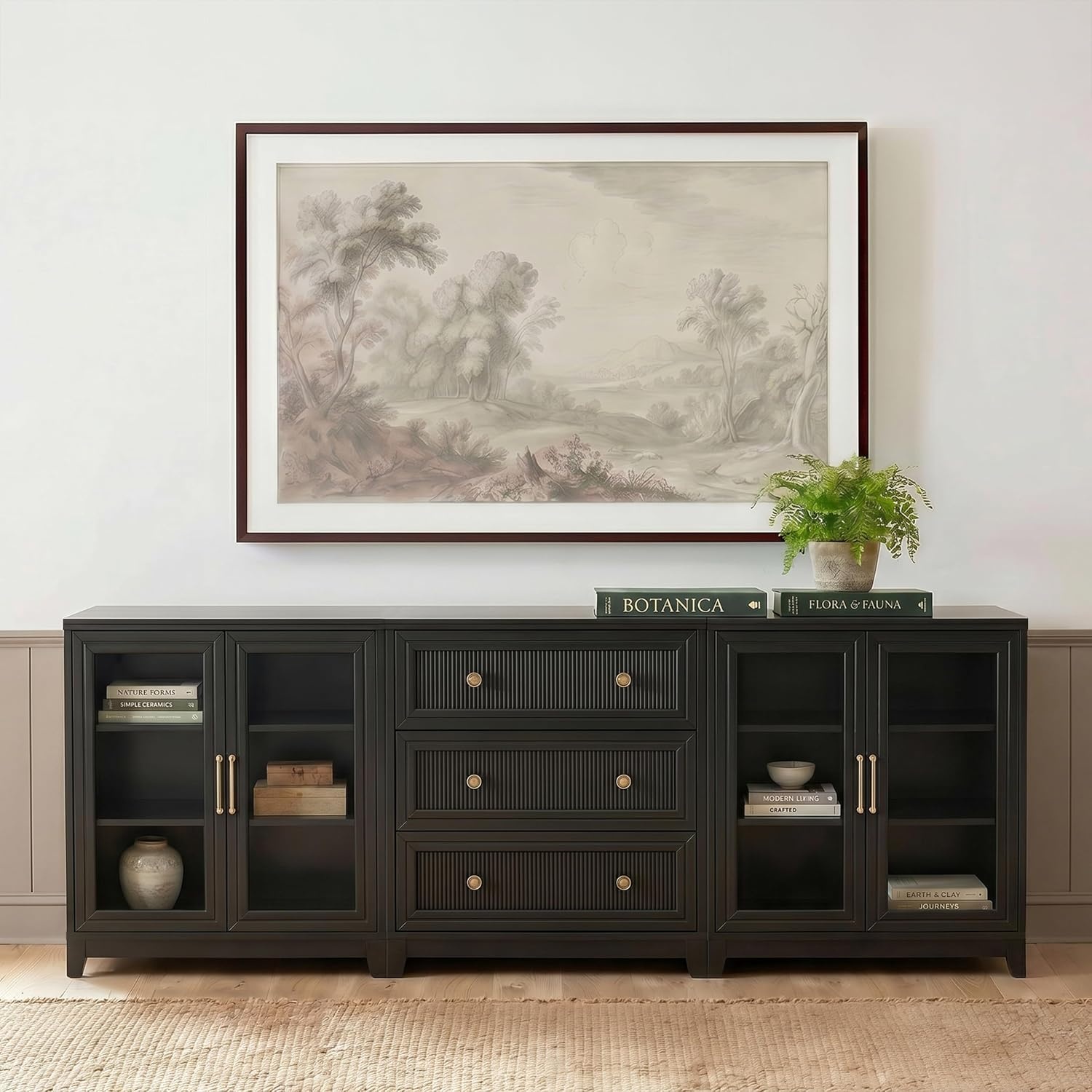 image:imageMartha Stewart Bedford Modular Fluted 3Drawer Base Cabinet BlackBlack FrameGold Hardware