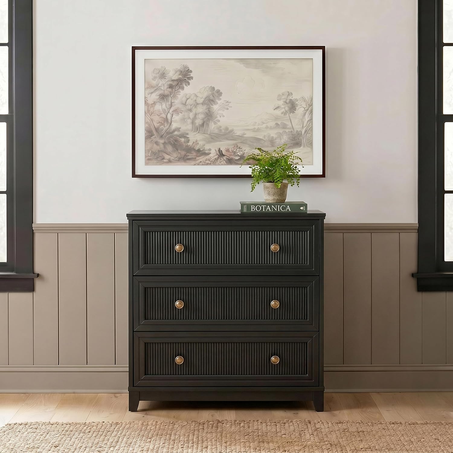 image:imageMartha Stewart Bedford Modular Fluted 3Drawer Base Cabinet BlackBlack FrameGold Hardware