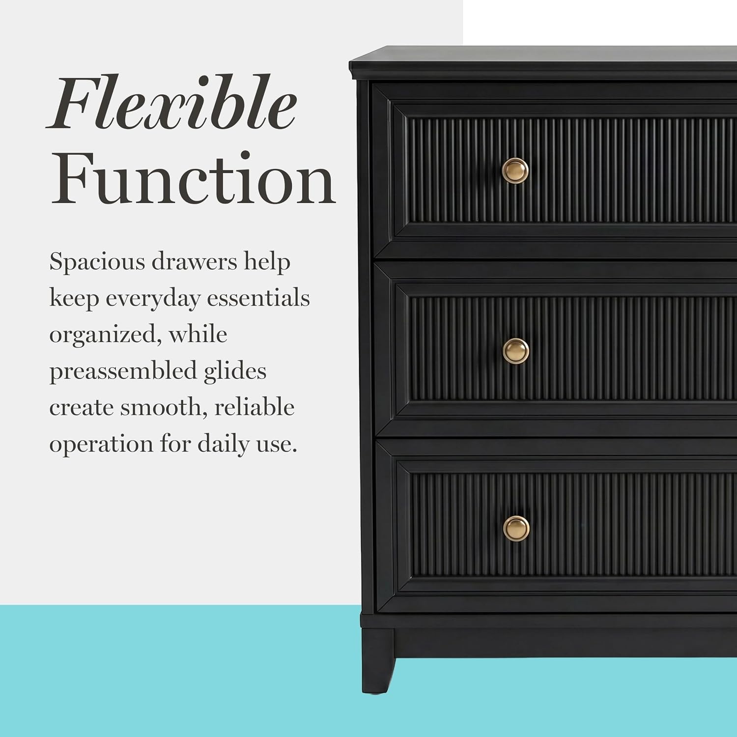 image:imageMartha Stewart Bedford Modular Fluted 3Drawer Base Cabinet BlackBlack FrameGold Hardware