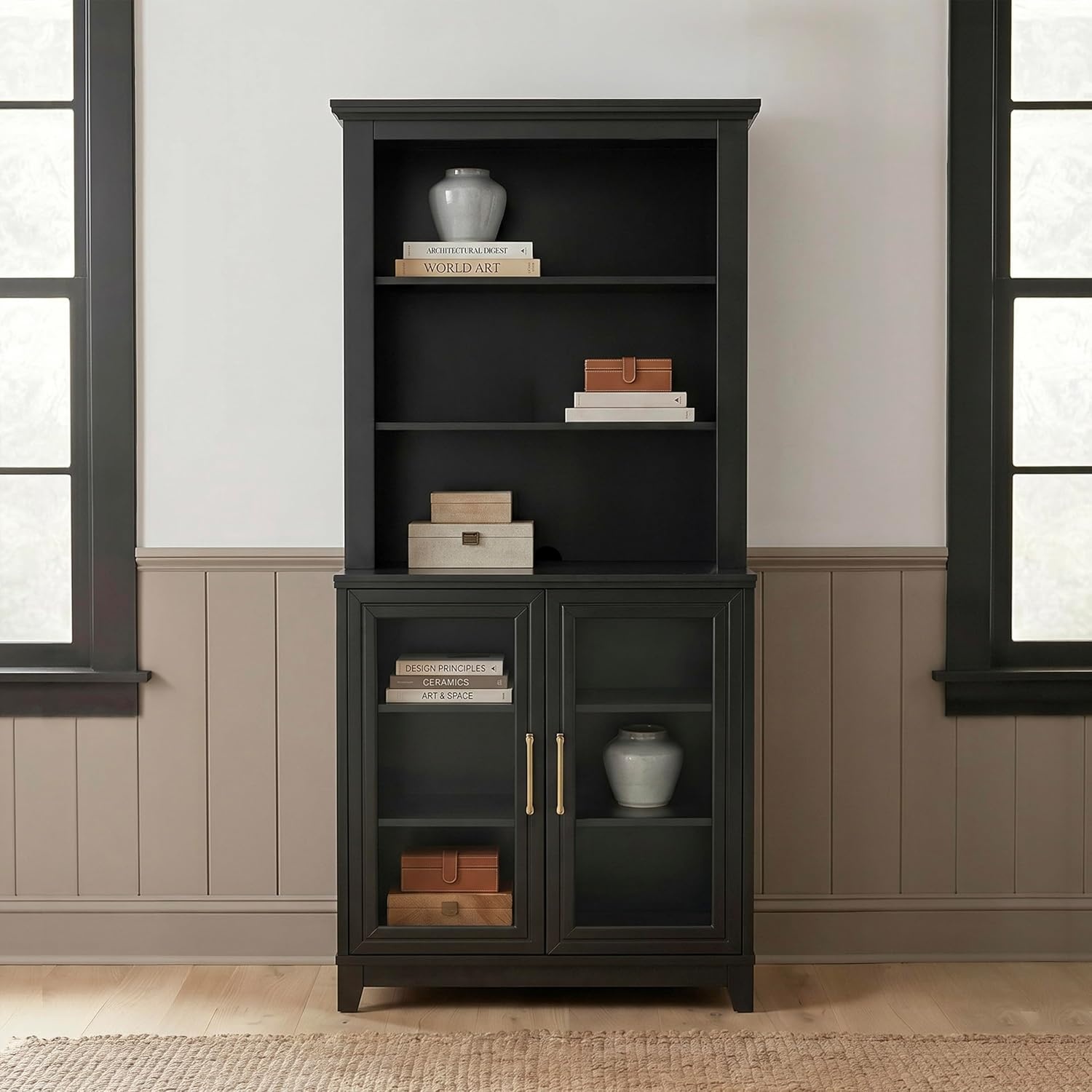 image:imageMartha Stewart Bedford Modular Fluted 3Drawer Base Cabinet BlackBlack FrameGold Hardware