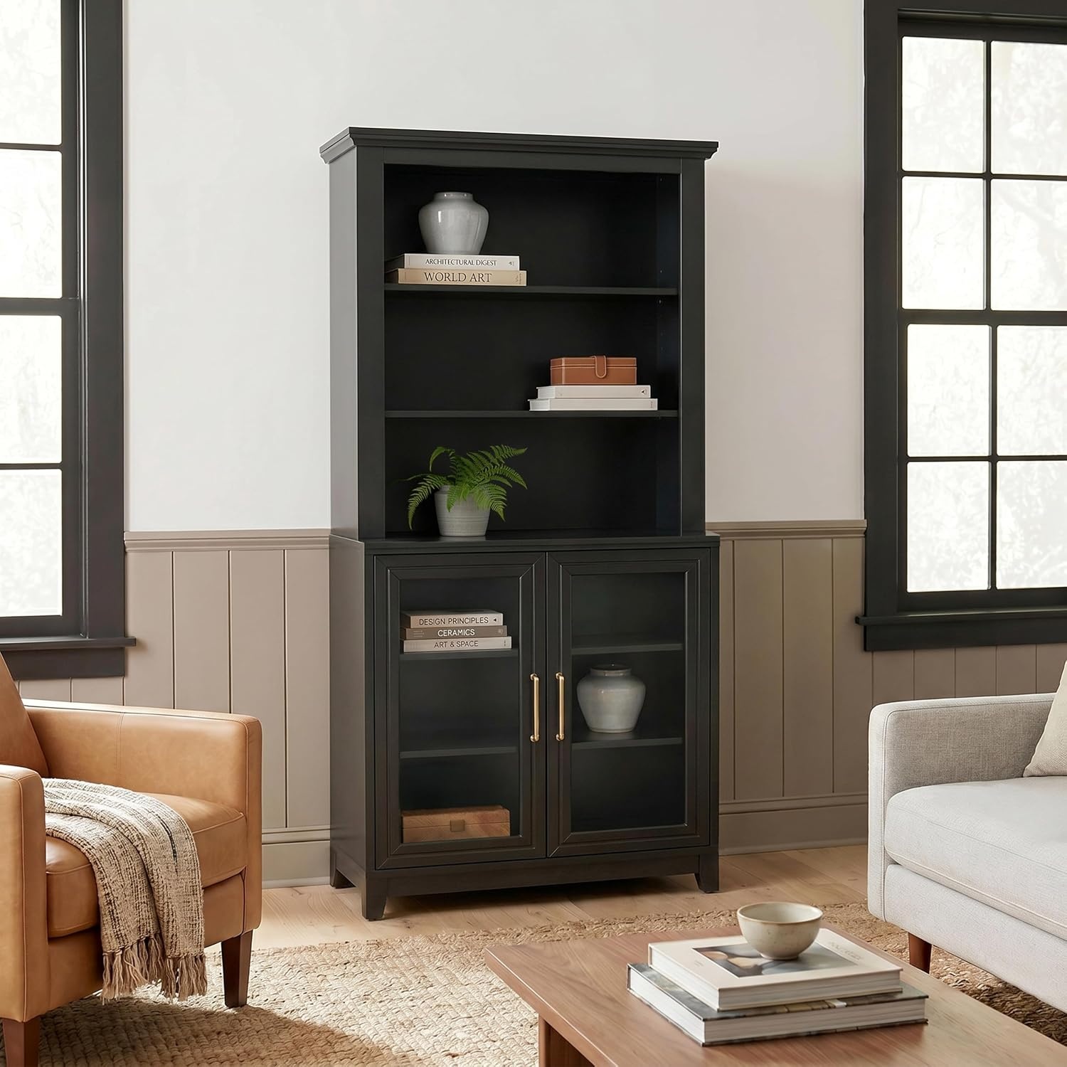 image:imageMartha Stewart Bedford Modular Fluted 3Drawer Base Cabinet BlackBlack FrameGold Hardware