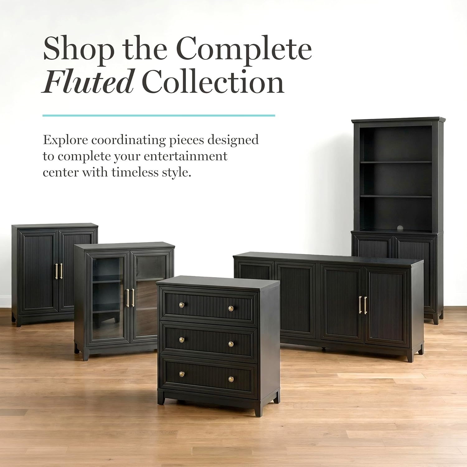 image:imageMartha Stewart Bedford Modular Fluted 3Drawer Base Cabinet BlackBlack FrameGold Hardware