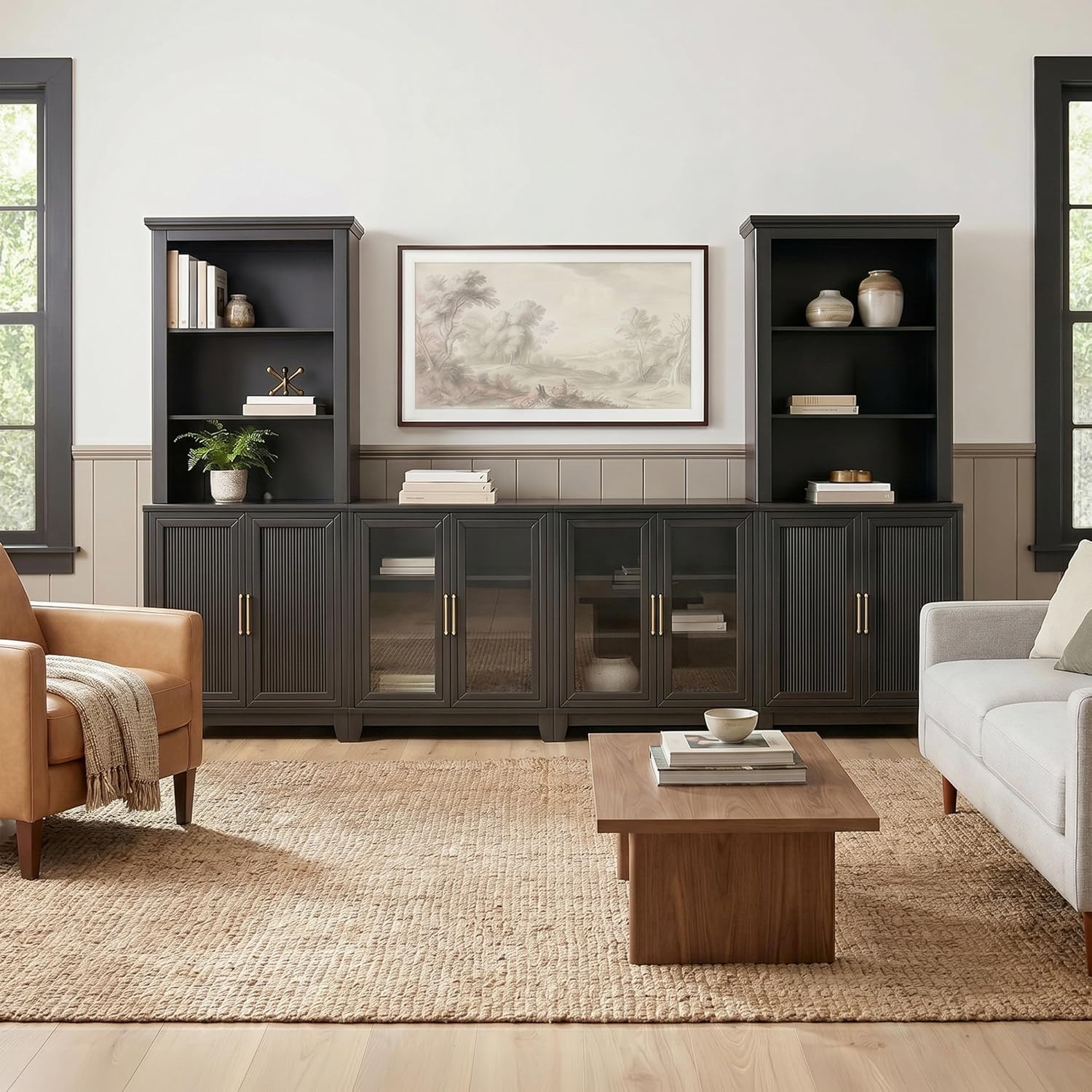image:imageMartha Stewart Bedford Modular Fluted 3Drawer Base Cabinet BlackBlack FrameGold Hardware