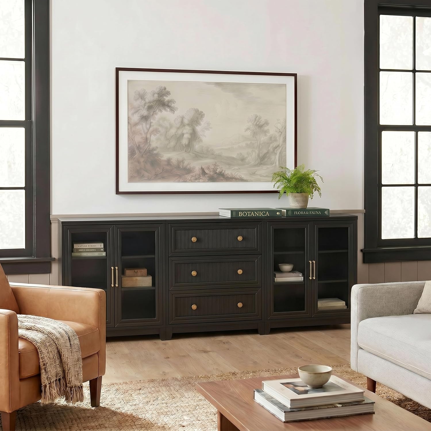 image:imageMartha Stewart Bedford Modular Fluted 3Drawer Base Cabinet BlackBlack FrameGold Hardware